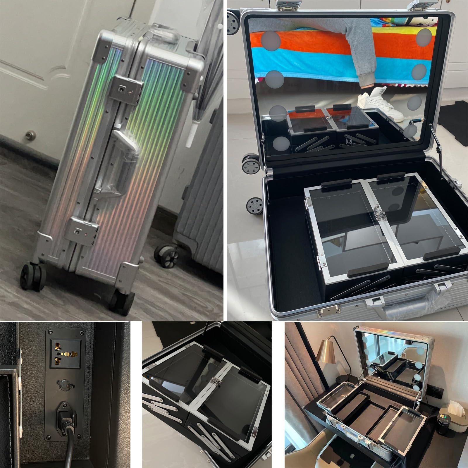 Extragroßer Schminkkoffer aus Aluminium mit Trolley und integrierten LED-Leuchten, professionelles Kosmetik-Organizer-Studio mit Ständer, rollender beleuchteter Schminktisch, Reise-Kosmetikkoffer (S