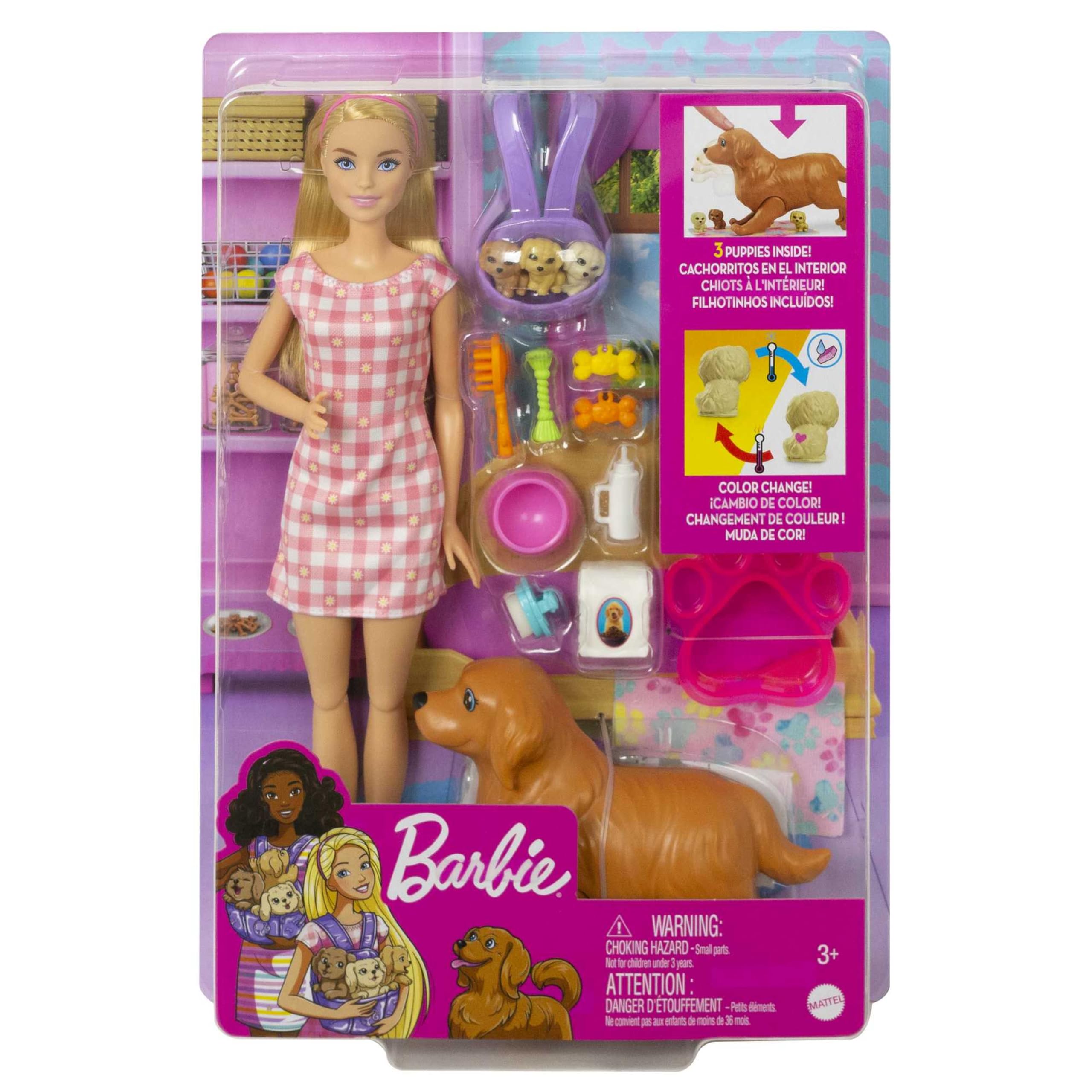 Barbie Newborn Pups Playset, Puppe mit blonden Haaren, inkl. 3 Welpen, 10+ Accessoires, Farbwechseleffekte, inkl. Puppe, Geschenk für Kinder ab 3 Jahren,HCK75