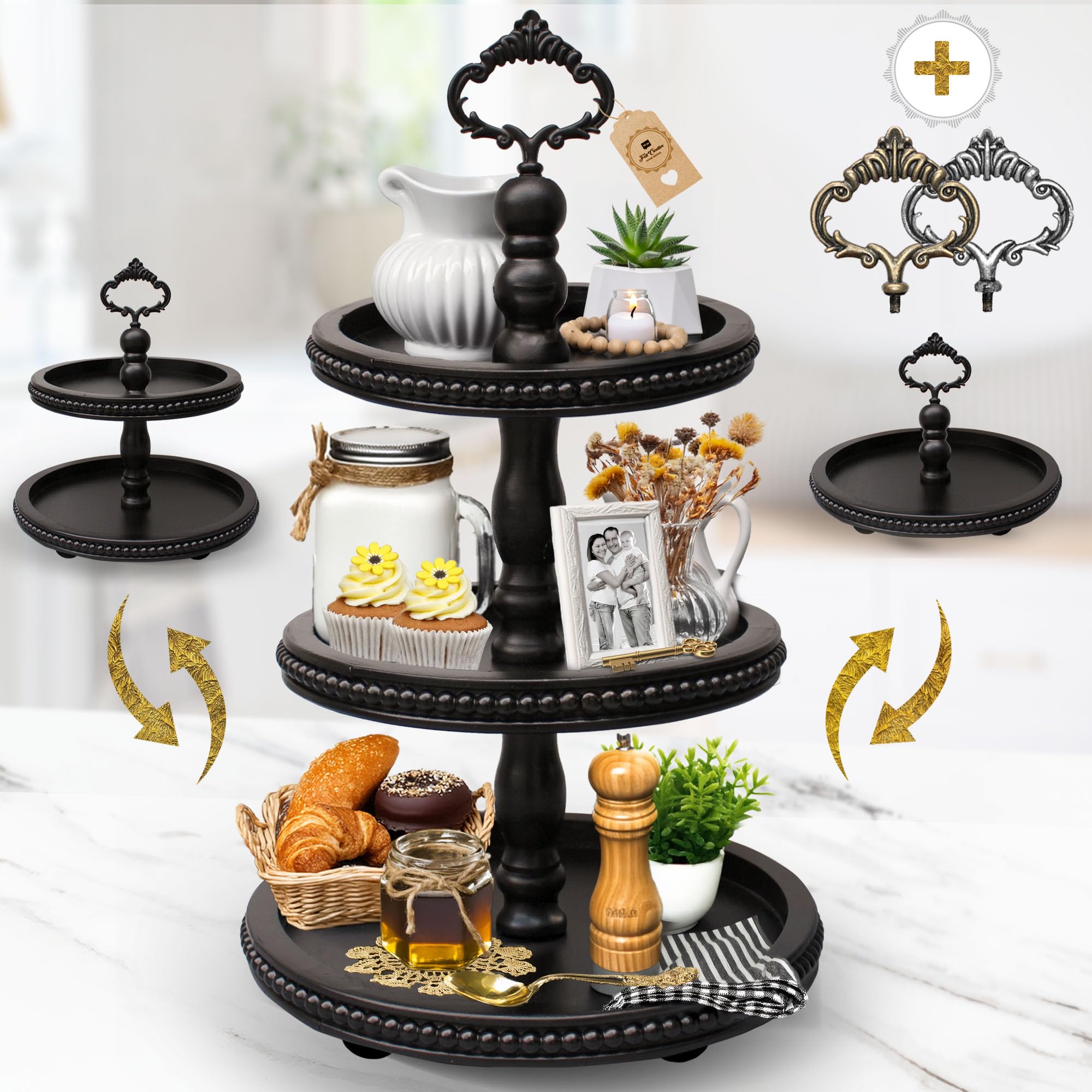 [3-in-1] Wooden Tiered Tray Stand - Beaded 3 Tiered Tray Decor Wood Cupcake Stand for Farmhouse Country Rustic Home - 3 Tier Stand [with 3 Changeable