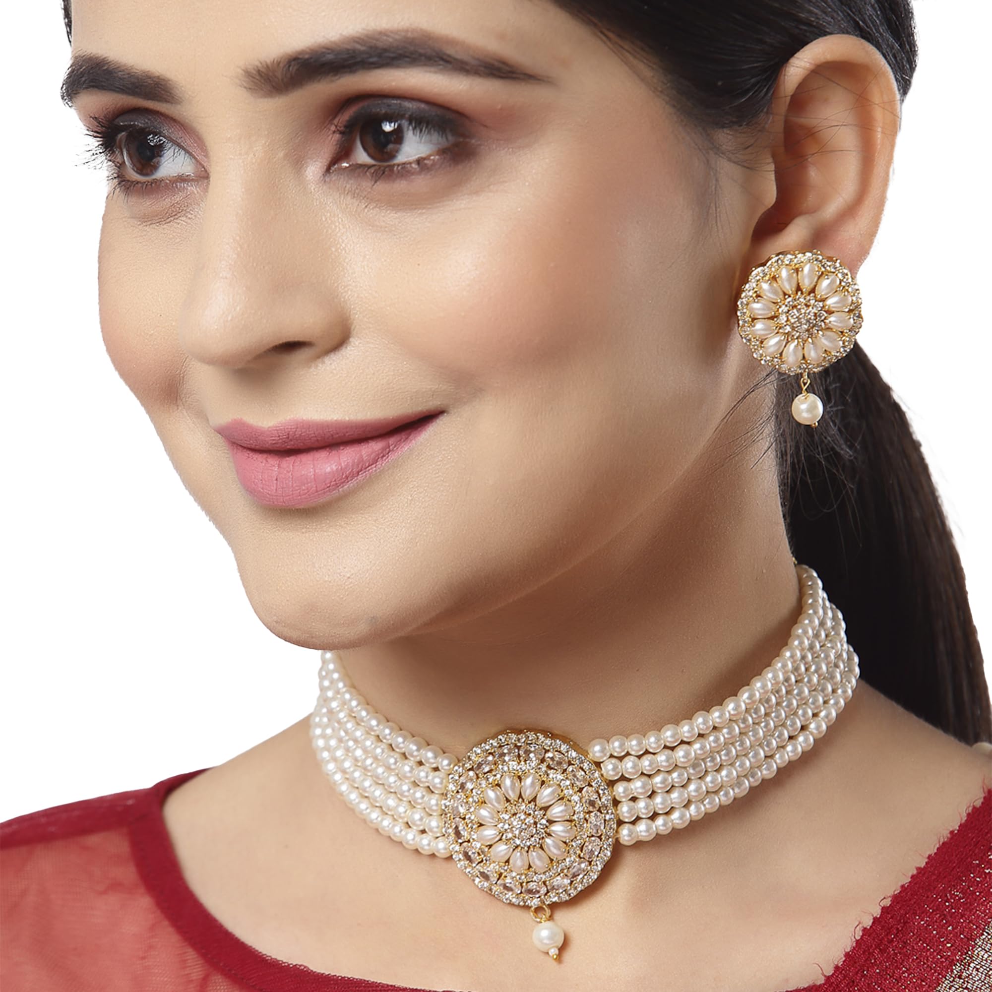American Diamond Pearl Choker Necklace Set with Earrings