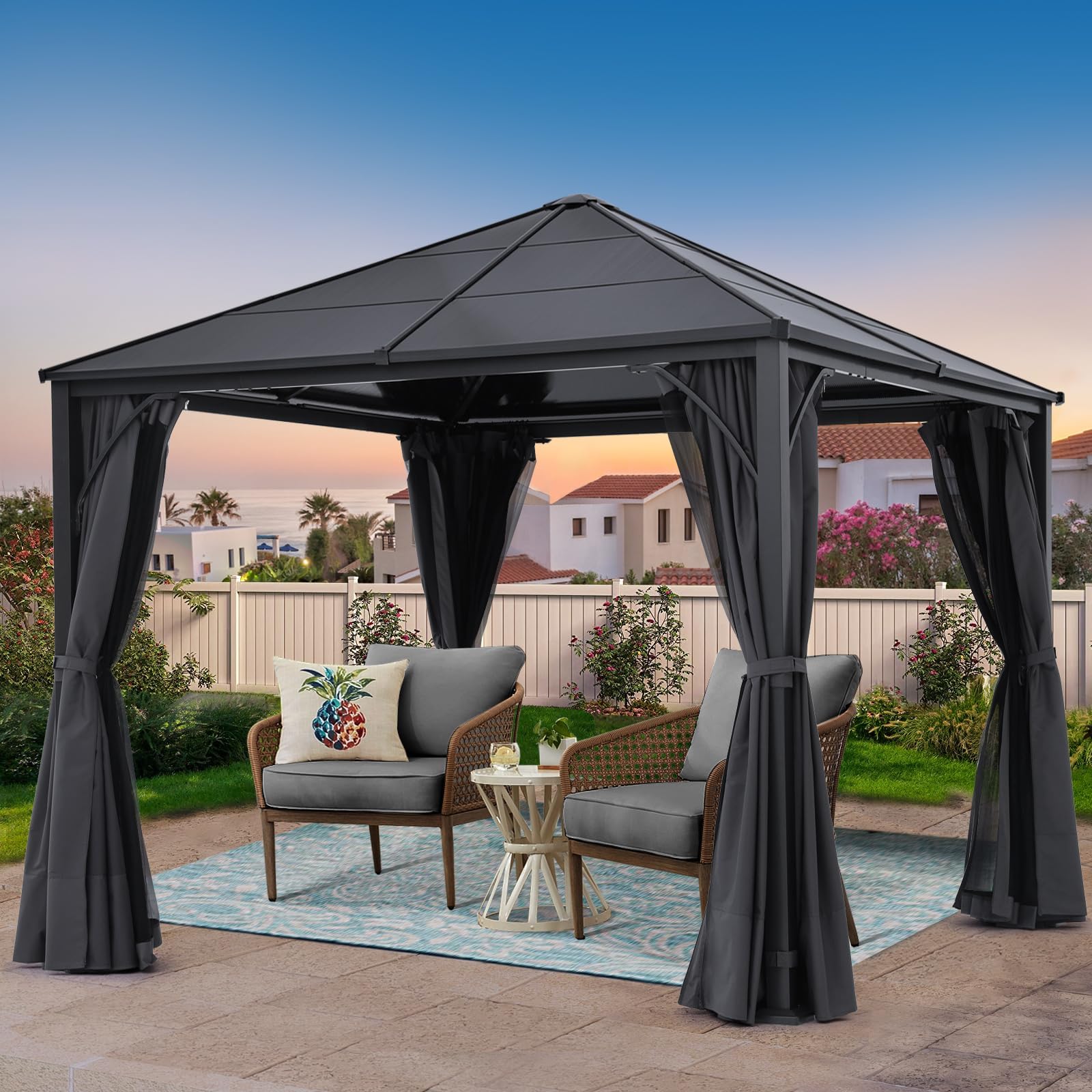 8x8 Hardtop Gazebo - Outdoor Polycarbonate Roof Gazebo Canopy, Metal Frame Permanent Pavilion with Curtains and Netting for Patio, Garden, Patio, Lawns (Dark Gray)