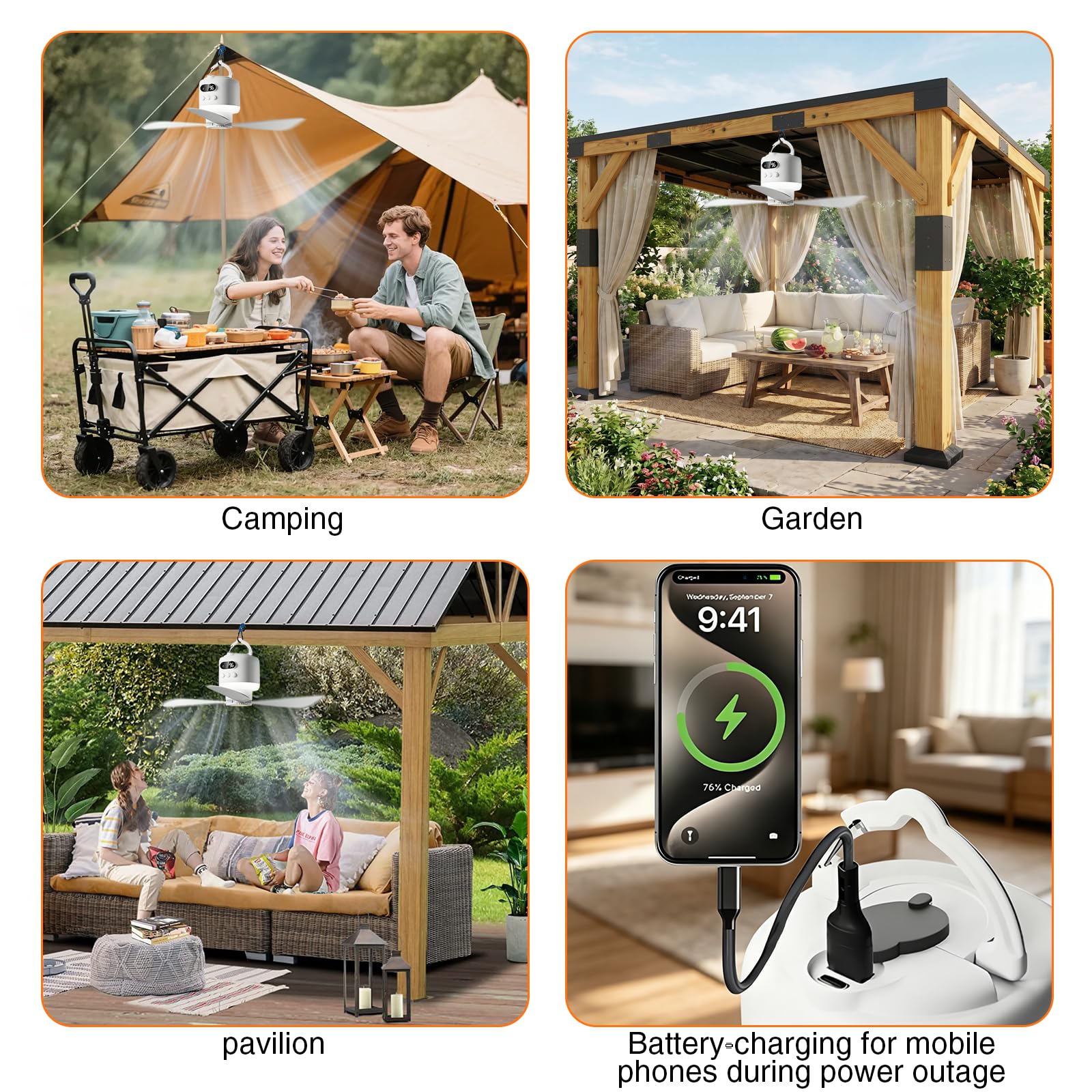 Deckenventilator mit Beleuchtung, 45CM Camping Ventilator für Zelt, 15600mAh Akku aufladbar mit Licht und Fernbedienung USB Timer leise, mobiler Deckenventilator für Outdoor Pavillon Terrasse (Weiß)