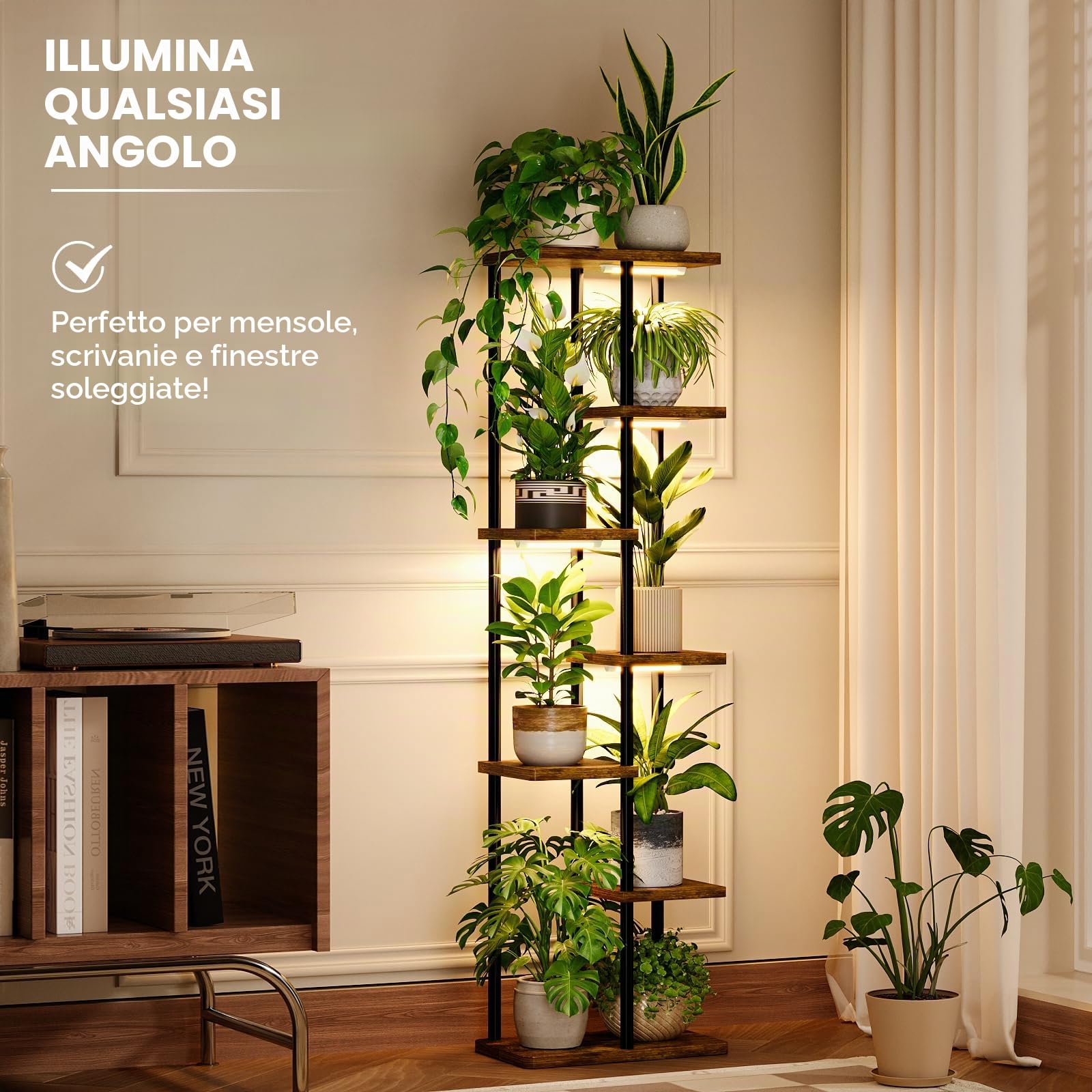 Bamworld Mensola per piante con luce crescente per piante da interno, angolo a 7 livelli, supporto per piante in metallo, supporto per fiori in legno per casa, soggiorno, decorazione patio