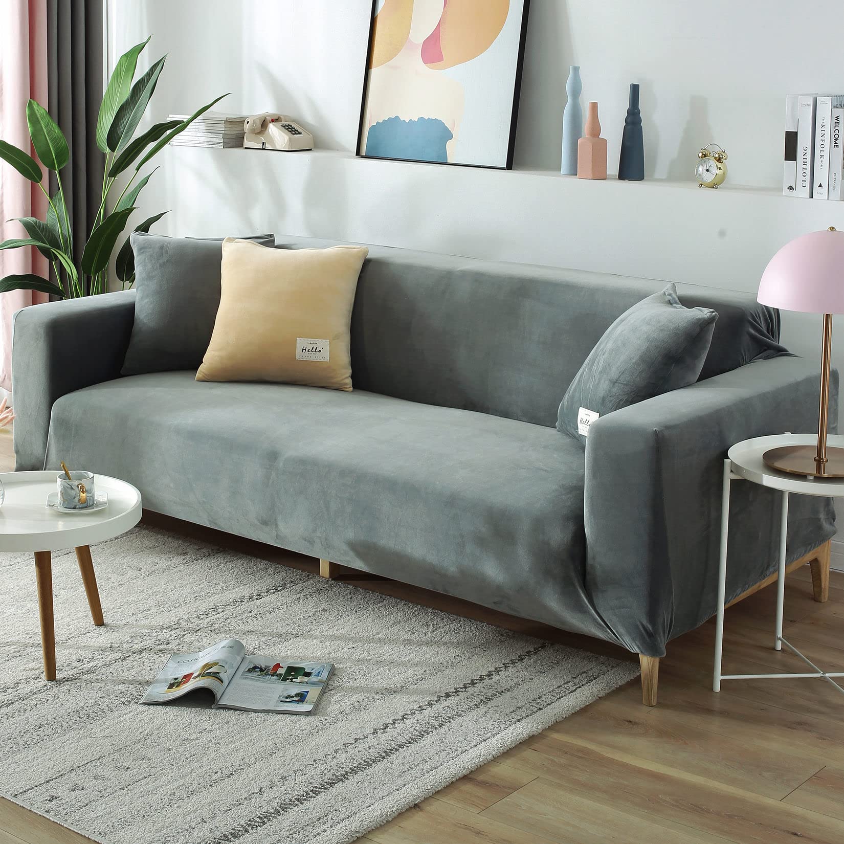 CLGTY Stretch Sofa Cover Chair, Soft Velvet Fabric Couch Slipcover With Elastic Bottom Armchair Covers For Kids Pets-3Seater 190-220CM (75-86in)-Silver grey