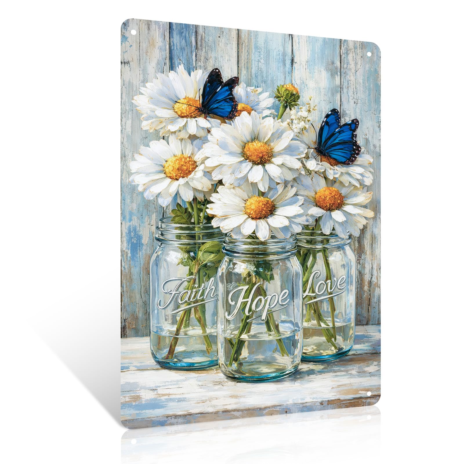 Ulord Inspirational White Daisy Flowers Rustic Farmhouse Daisy Butterfly Metal Sign 8X12 Inch Flower Wall Art