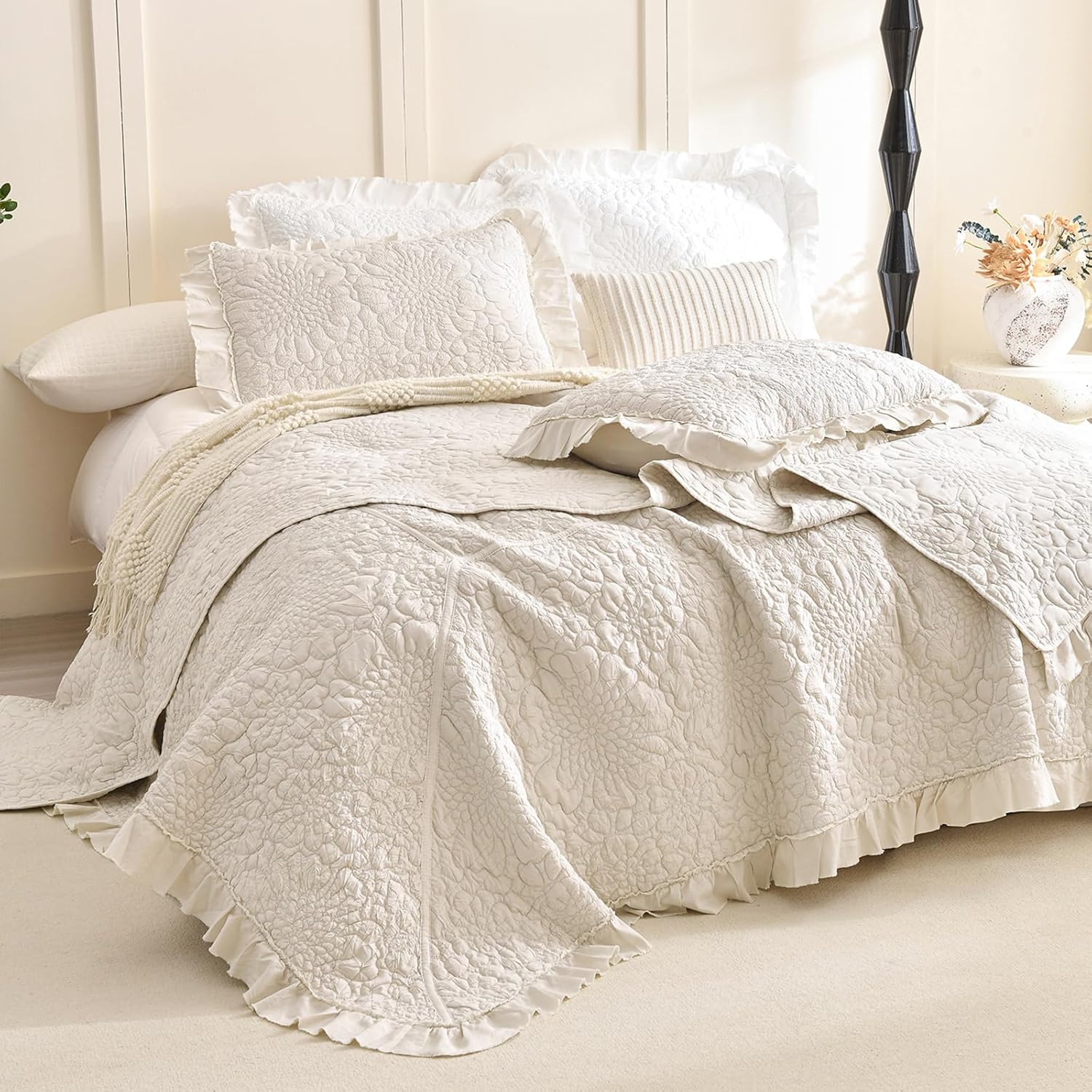 Masaca Oversized King Bedspread 120x120,Wheat Ruffled Crinkled Oversized California King Quilt Farmhouse Shabby Boho Chic Rustic Stone-Washed Microfiber Extra Large Bedding Set Soft and Lightweight - Image 2
