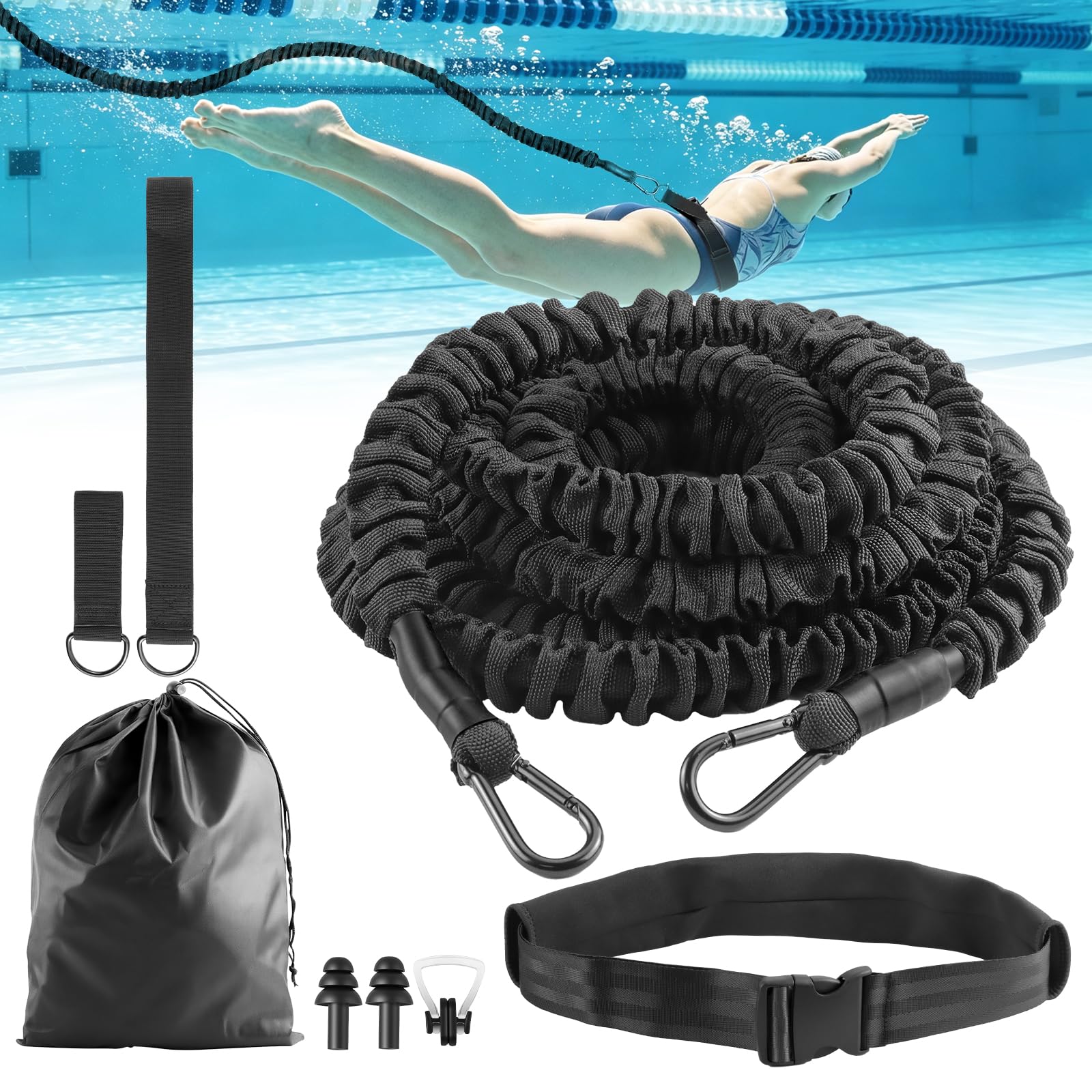 4-10M Cintura di Resistenza Regolabile, Accessorio di Piscine | Cintura da Nuoto per Piscina, Corda da Allenamento per Elastico da Nuoto, Cinture da Allenamento per la Nuotata Adulti