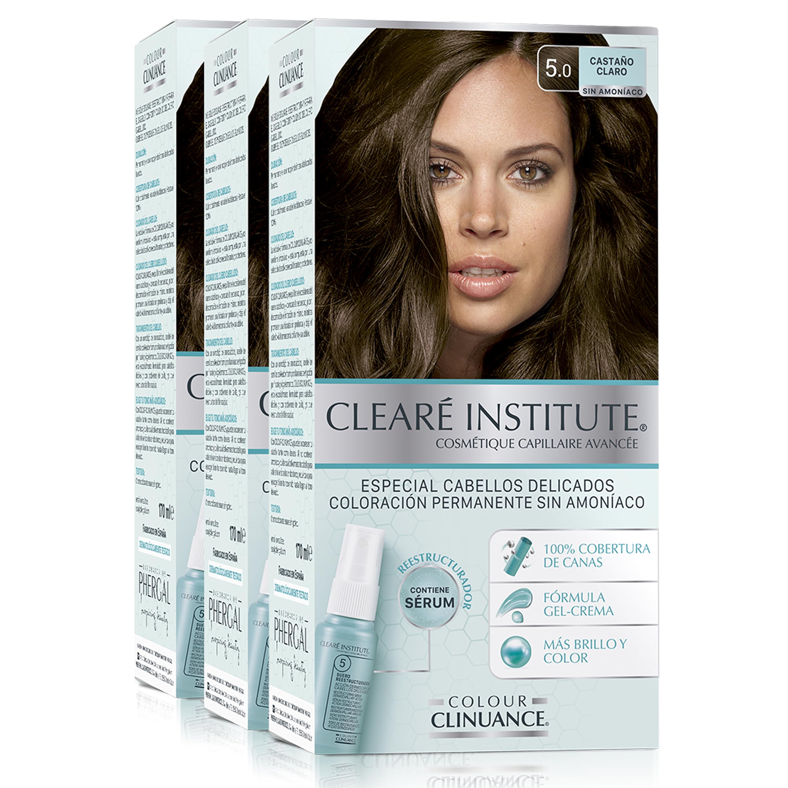 Clearé Institute | Colour Clinuance | Coloración Capilar Permanente Sin Amoniaco | Tinte de Pelo 100% Cobertura de Canas, Incluye Sérum Capilar | Método Curly | 5.0 Castaño Claro | Pack de 3