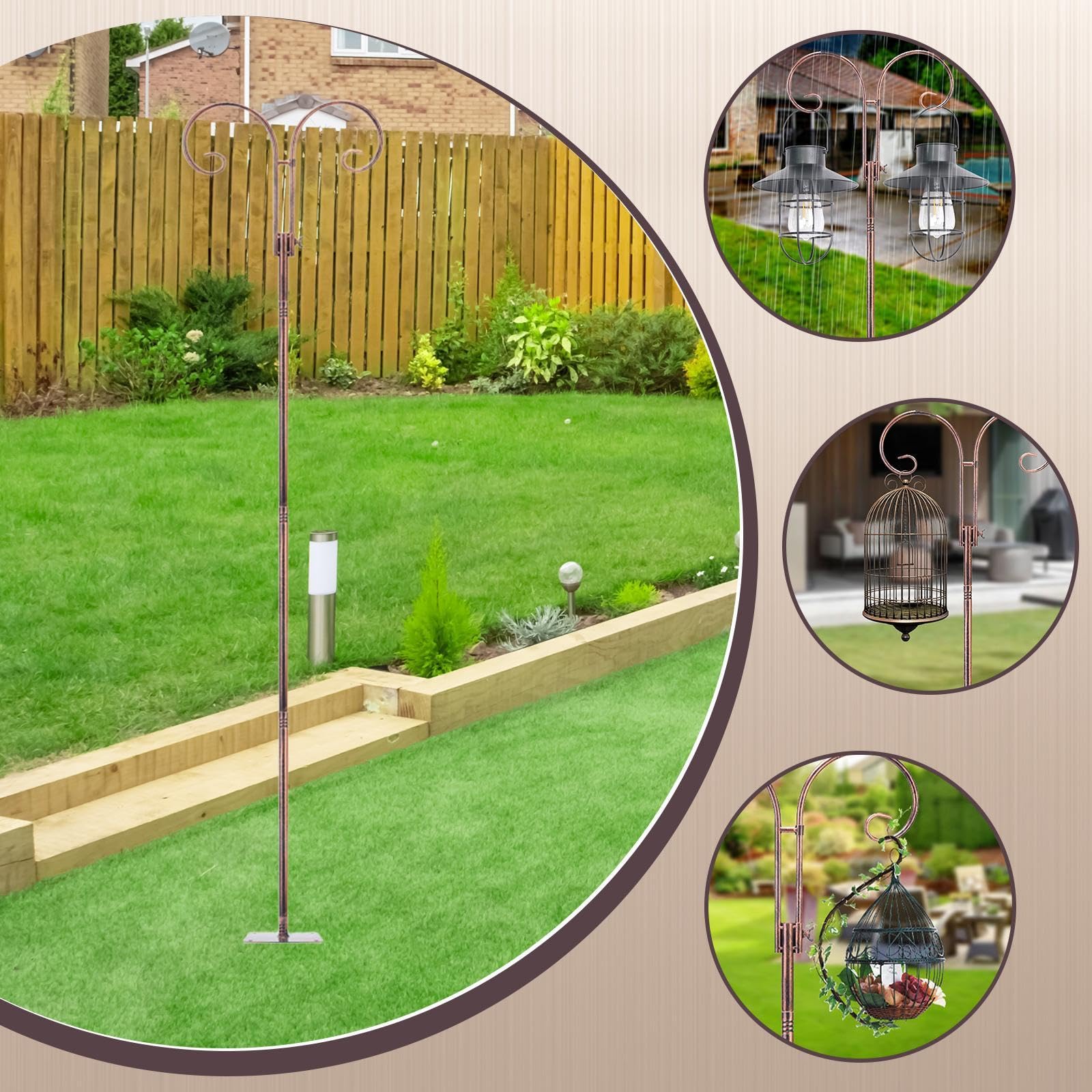 Ganci da Pastore per Giardino Esterno, Supporto Doppio Gancio per Mangiatoie Uccelli, Lanterne, Piante Sospese, Altezza 66.93 pollici