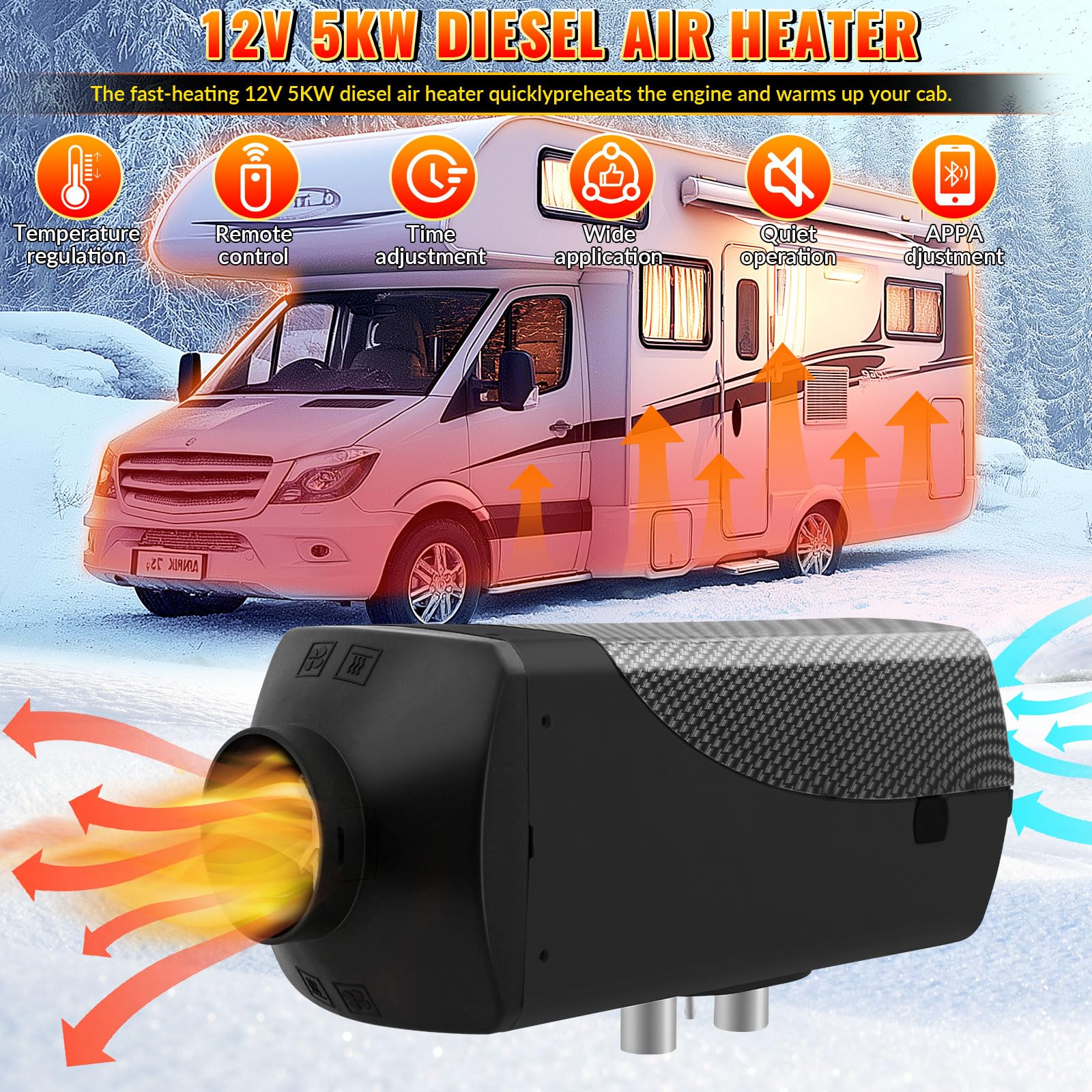 VELPAX Calentador Diésel Portátil Todo en Uno 12V 5KW,Bluetooth App Calentador de Aire Diesel 0,16-0,52 L/h LCD de Control Remoto,Adecuado para Autocaravanas,Coches,Camiones,Autobuses