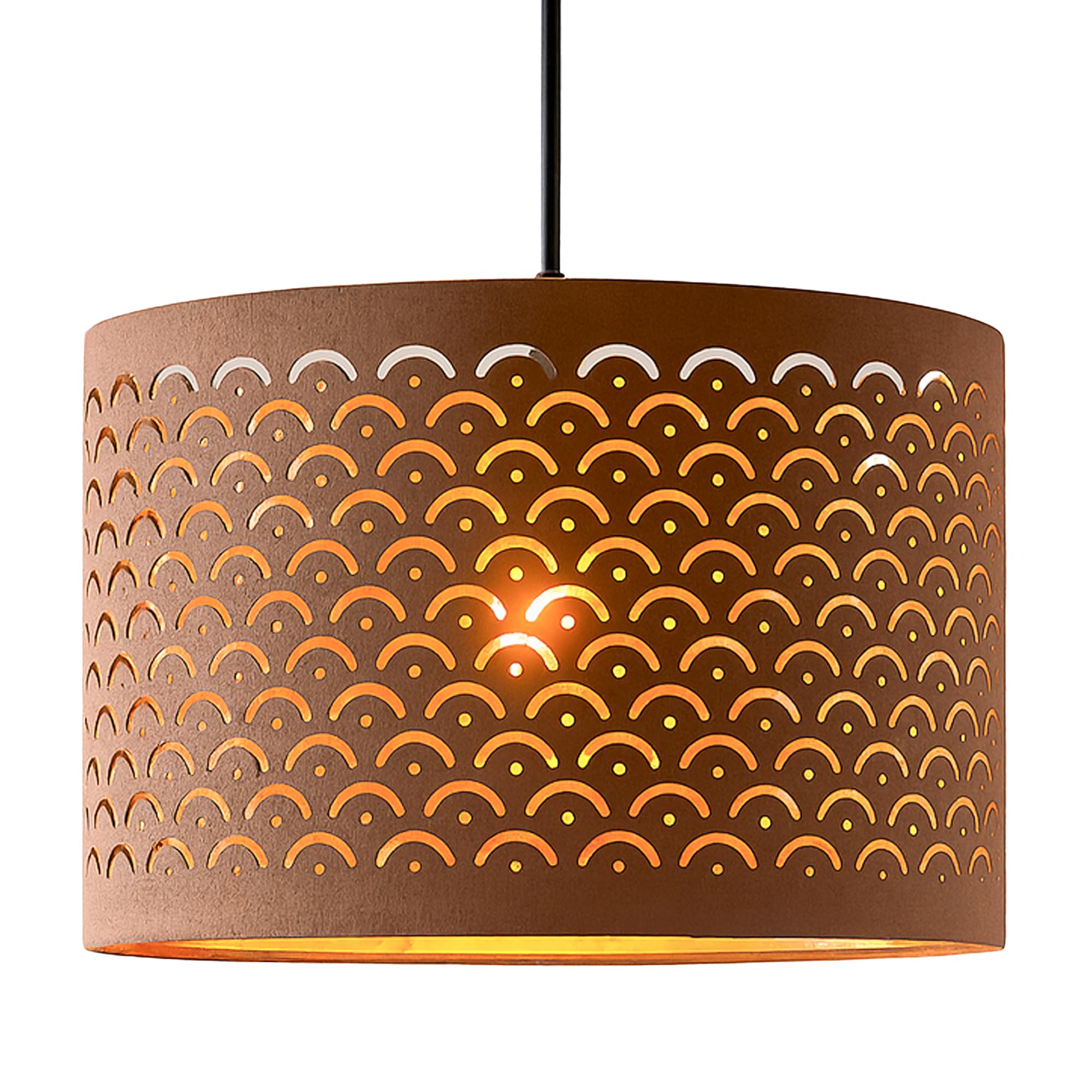 Innoteck Outer Brown, Inner Gold Decorative Argyle-Pattern Drum Lamp Shade – Black Outer Fabric With Warm Golden Reflective Inner Film – Cut-Out Design – Fits E27 & E14 Holders – For Ceiling Pendant, Desk & Floor Lamp