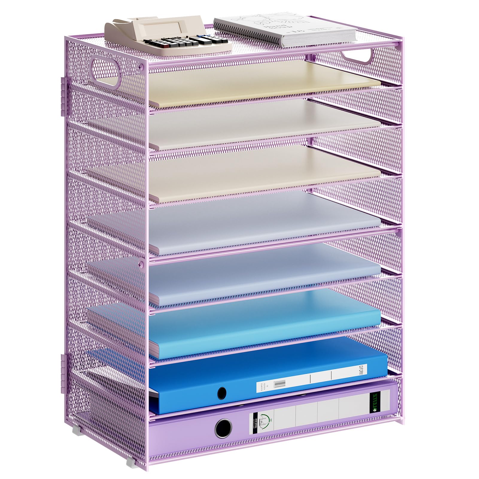 Marbrasse Bandeja organizadora de papel, organizador de archivos de malla de 9 niveles con asa, organizador de escritorio para suministros de oficina en casa, color morado