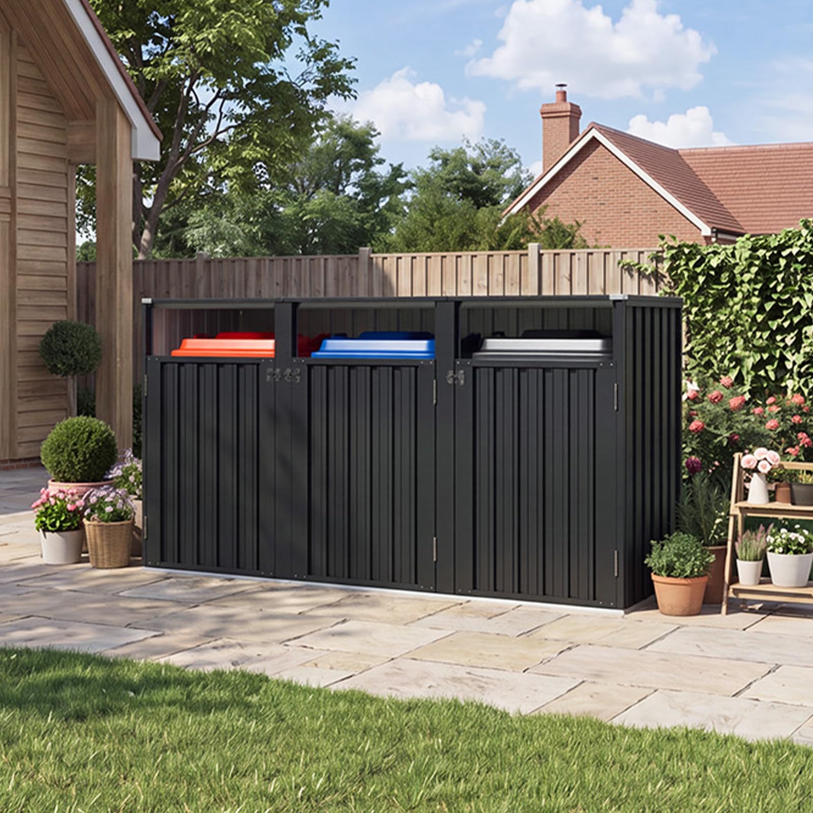 Aoxun Mülltonnenbox 3er, Mülltonnenbox aus Stahl für 3 Tonnen, Mülltonnenverkleidung mit Kettendeckel & verstärkter Rückwand, geeignet für 240L Mülltonnen, für Garten & Terrasse, Schwarz