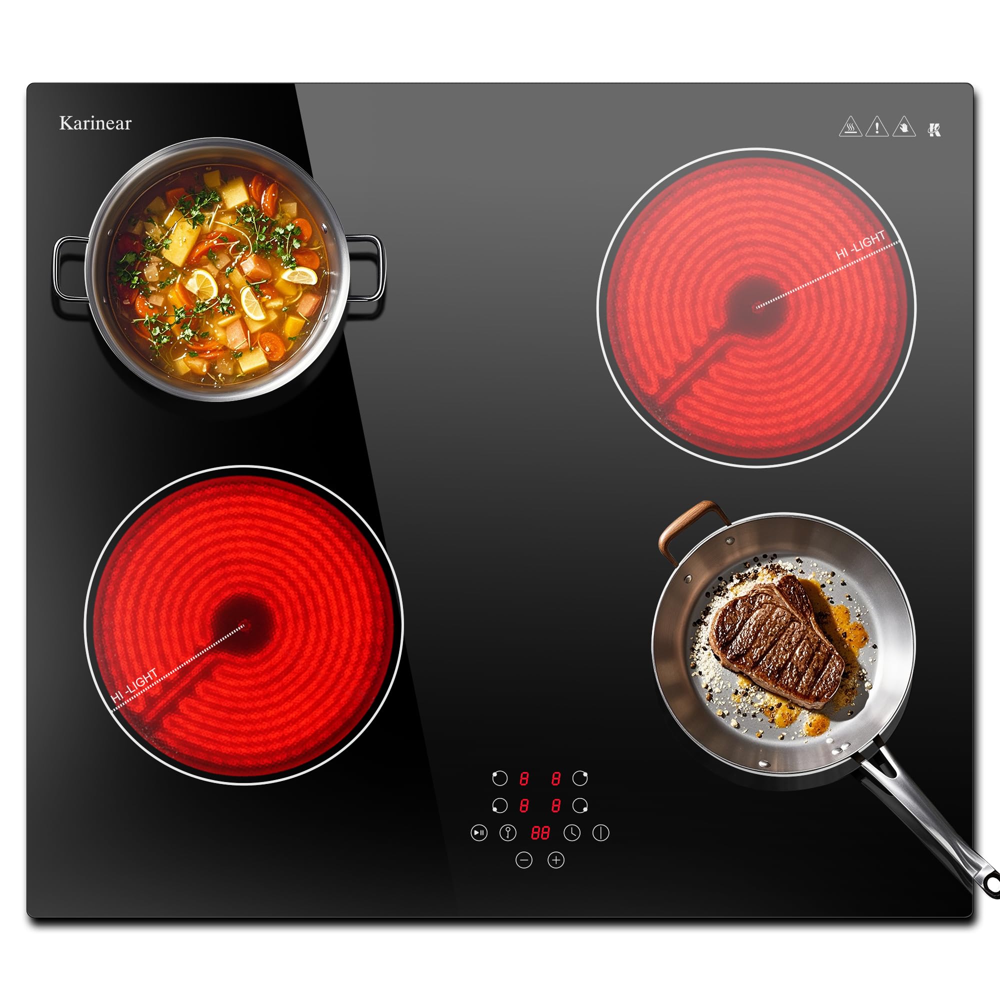 Karinear Placa vitroceramica 4 Fuegos 60cm，6000W，Integrado, Pausa, Temporizador, Bloqueo de seguridad, Sin enchufe, Negro