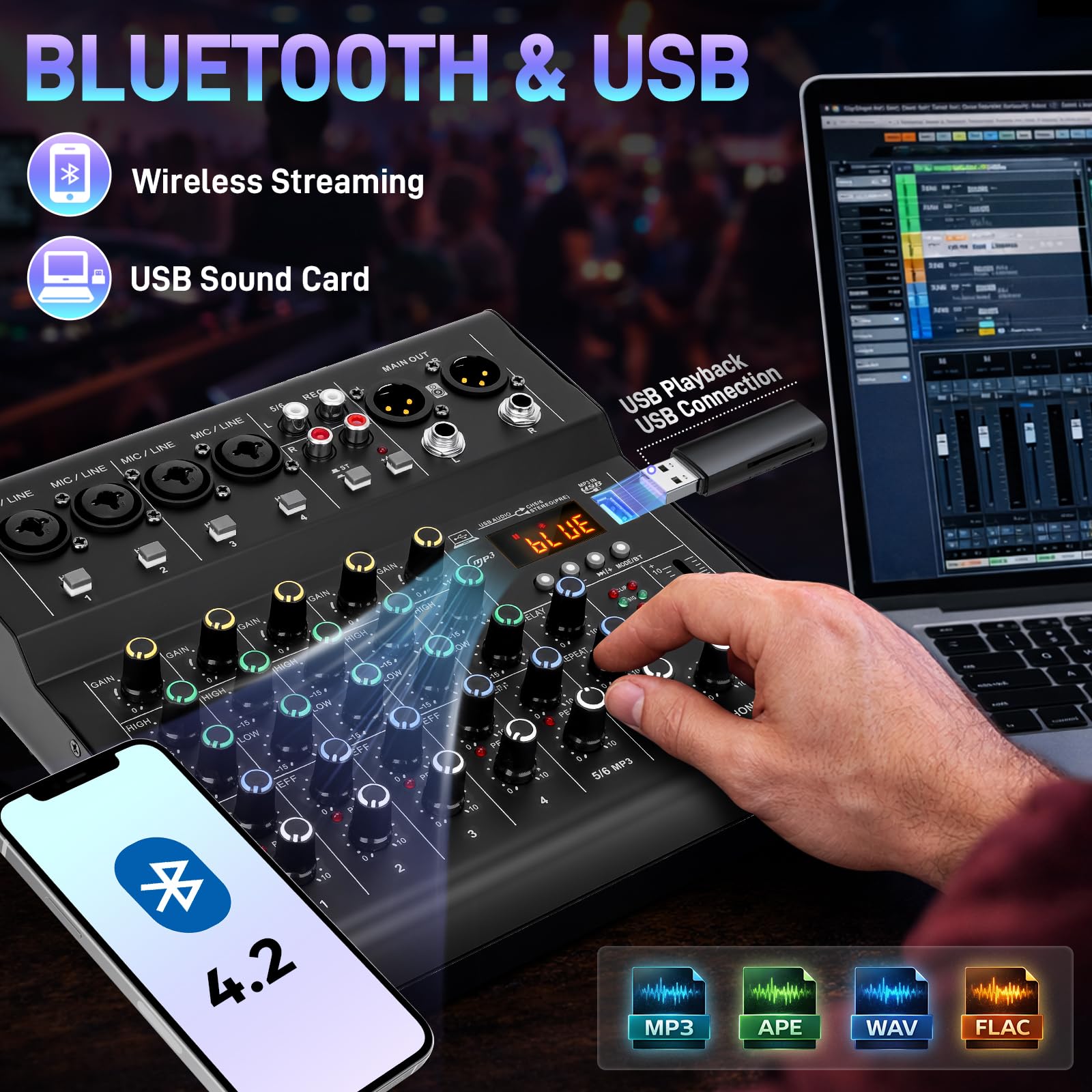 Mixer audio DJ a 6 canali con Bluetooth, scheda audio USB/MP3, effetti DSP integrati e alimentazione phantom 48V, console di mixaggio compatta per karaoke, podcast, live streaming e registrazione in