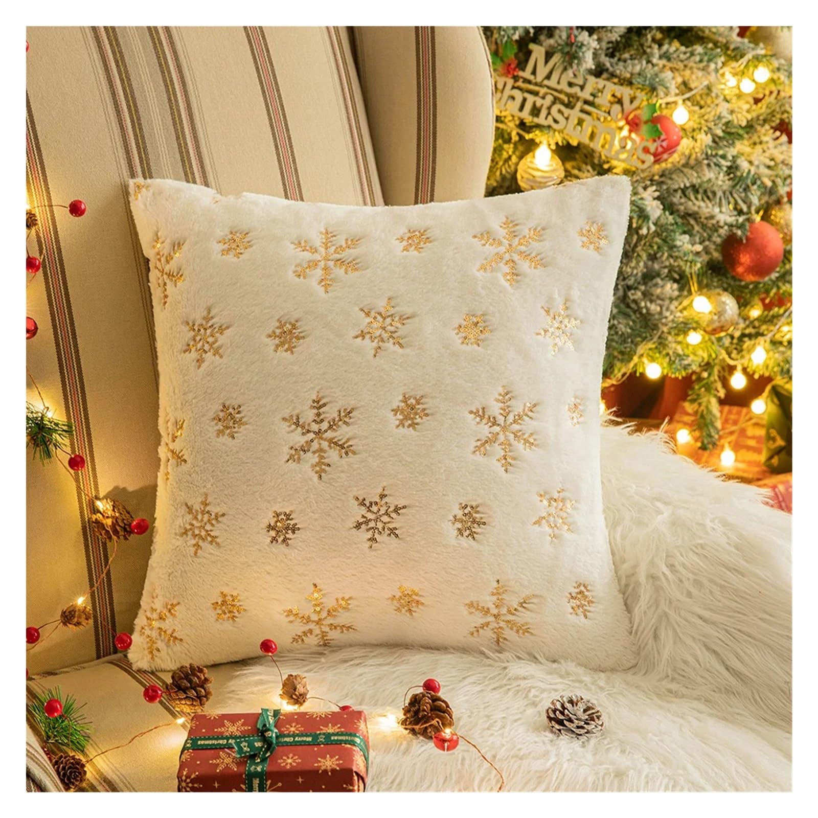 Funda Cojin Navidad Funda de almohada de copo de nieve de Navidad, 45x45CM, bordado con lentejuelas, estampado, funda de cojín for cintura, decoración, funda de almohada decorativa for el hogar(Silver