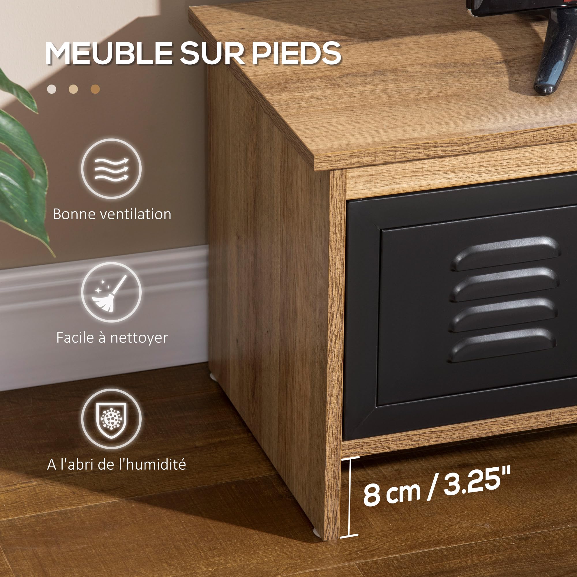 HOMCOM Meuble TV Banc TV 110 cm Design Industriel 2 Placards 2 Niches Noir