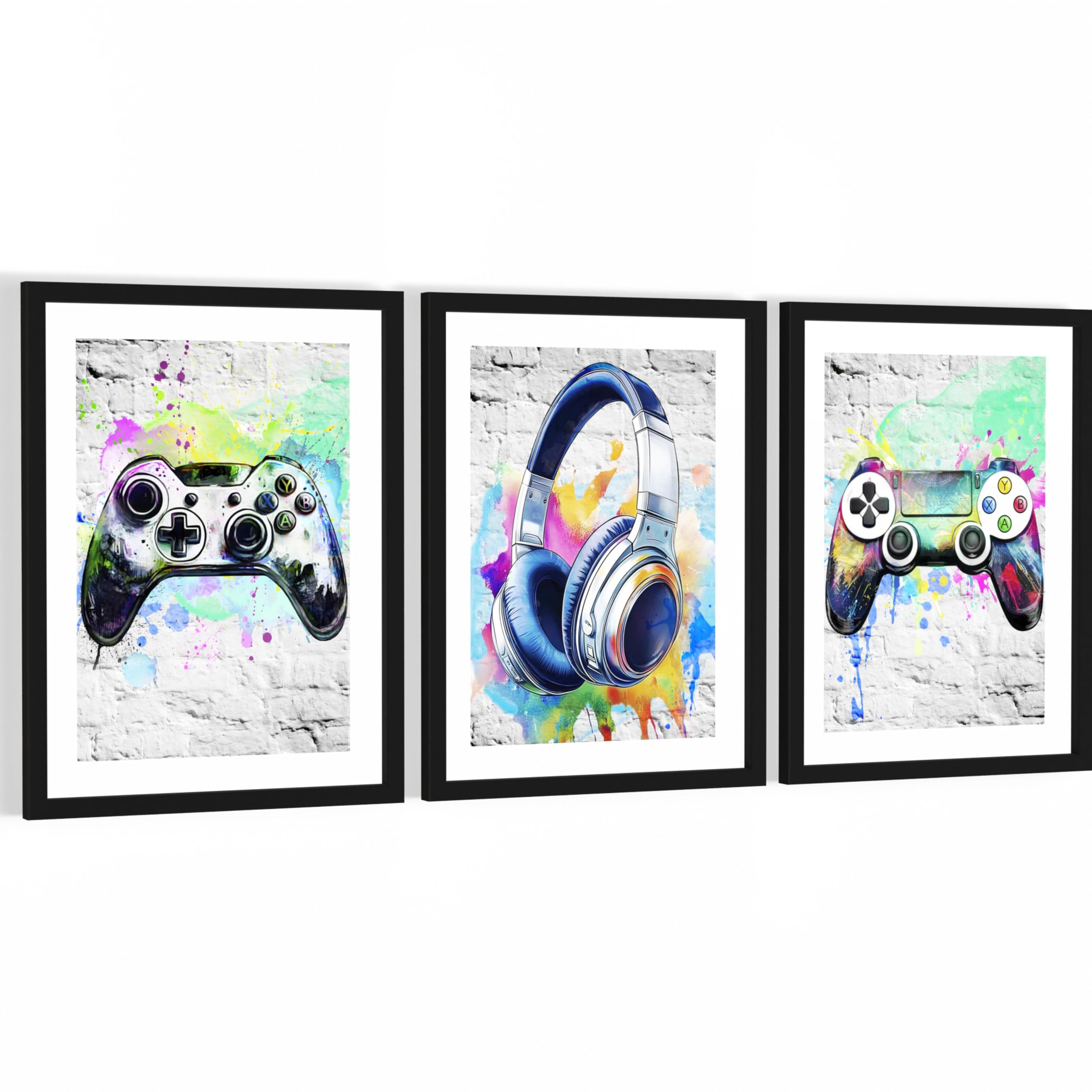 Novart Set di Stampe Murali Gamer per Stanza dei Ragazzi - Cornici Incluse - Stile Moderno - 3 Pezzi Bianco - N138735aR2