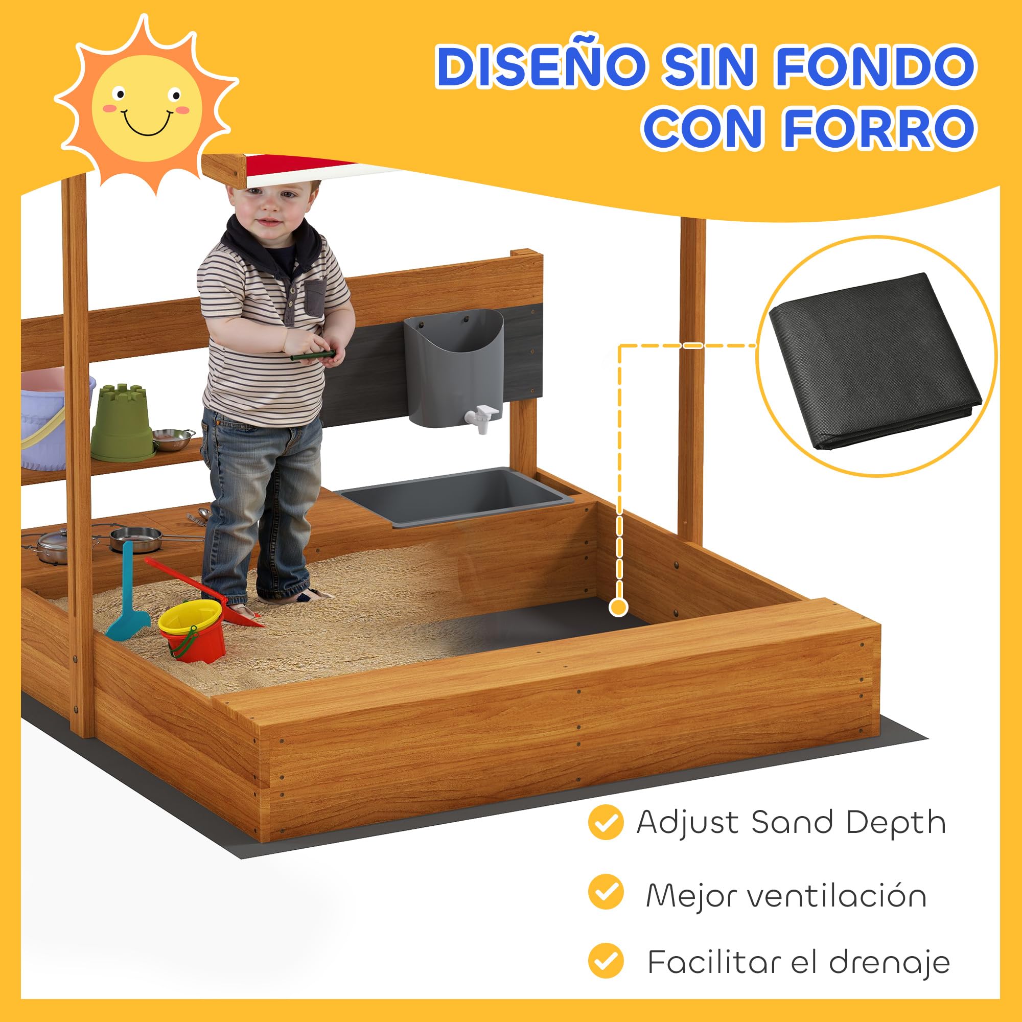 Outsunny Bac à sable pour enfants avec auvent, bac à sable en bois avec jouets de cuisine, siège, rangement, pour enfants de 3 à 7 ans