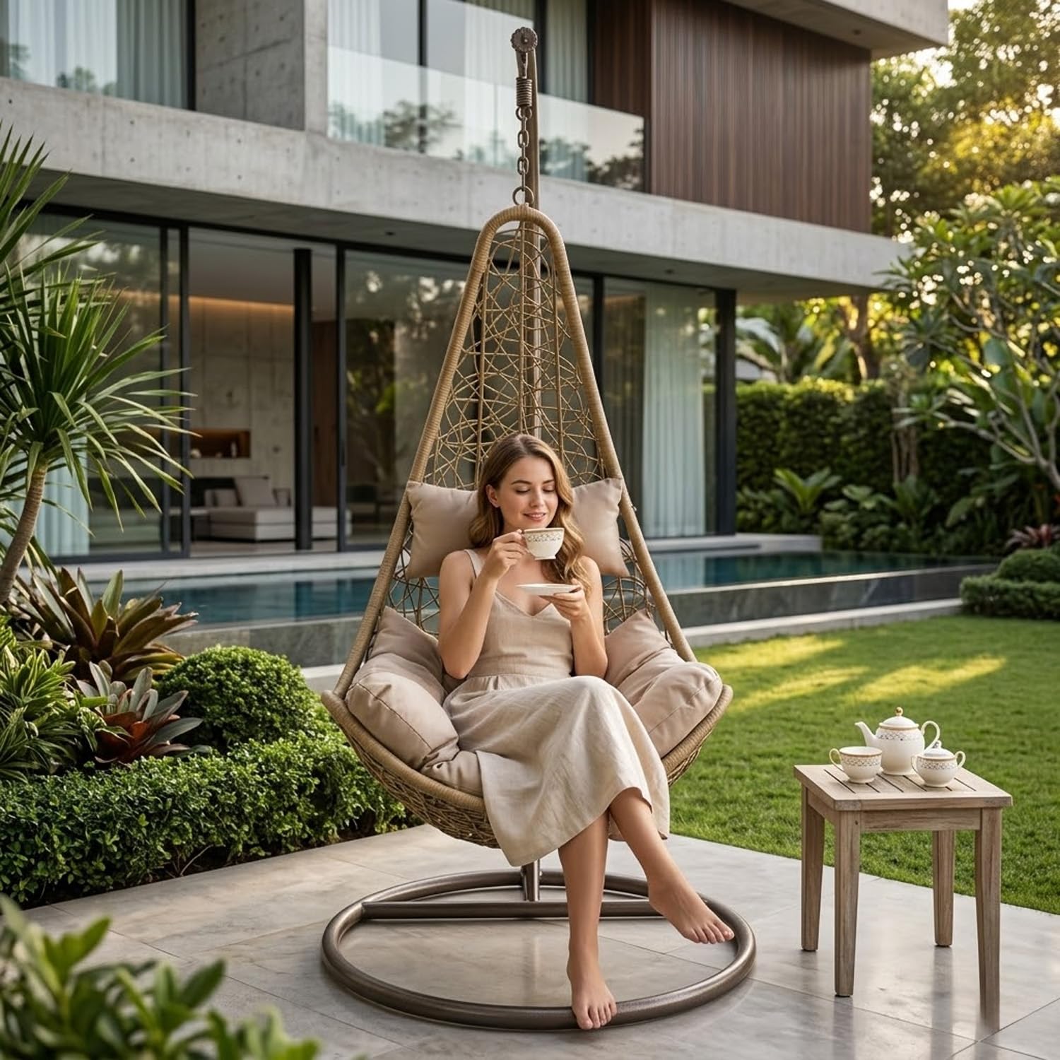 Poltrona Sospesa Da Esterno Per Giardino Con Struttura Autoportante In Metallo Seduta In Polyrattan E Cuscino Con Poggiatesta Arredo Outdoor Terrazza Balcone E Veranda 105 x 195 Cm Beige