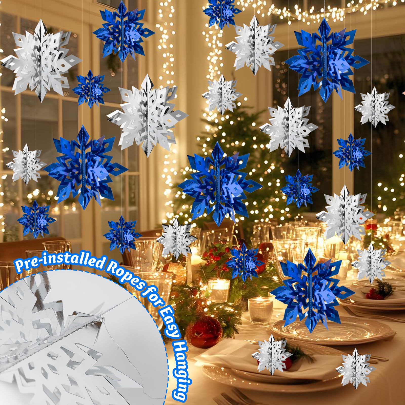 OuMuaMua Winter-Weihnachts-Schneeflocken-Dekorationen für den Innenbereich, 3D-Schneeflocken, silber-blaue Schneeflocken, Weihnachtsdekoration, hängende Ornamente für Zuhause, Weihnachten, Urlaub