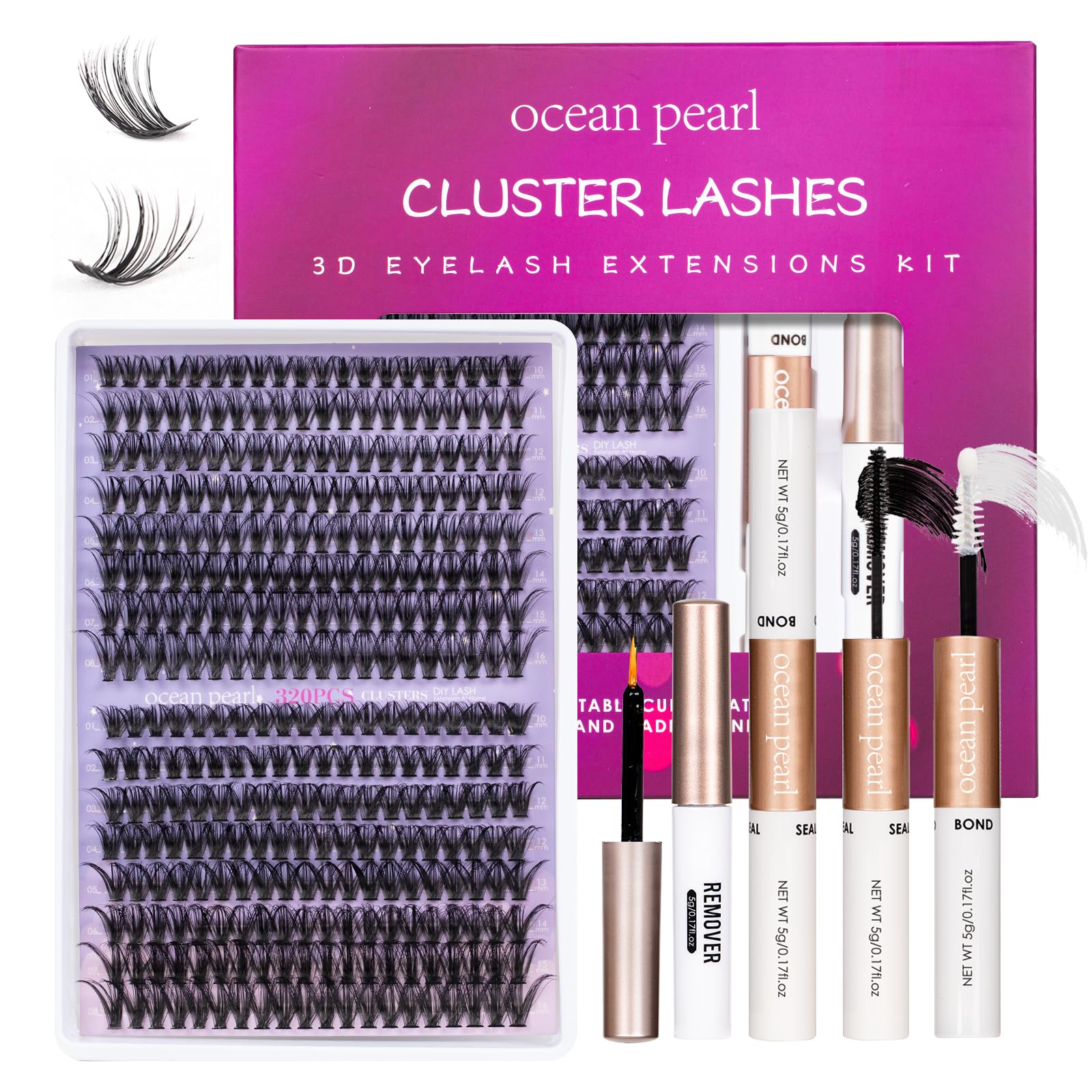 Ocean Pearl Lash Clusters 320PCS Lash Extensions 40D+50D DIY Eyelash Extension Kit Natural Lashes Eyelashes 10-16mm Lashes Clusters Kit with Bond and Seal Tweezers Lash Lift Set