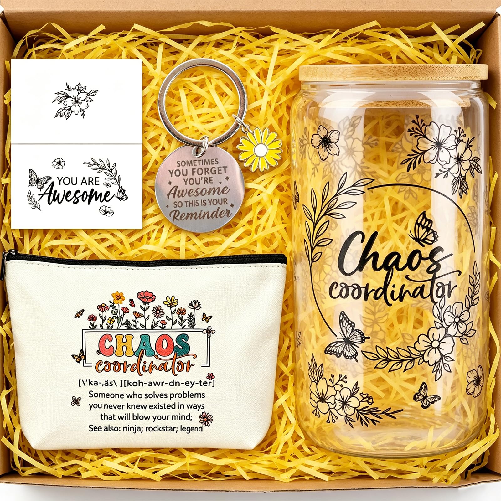 Chaos Coordinator Gifts for Women, Thank You Gift Set with 16OZ Glass Cup Makeup Bag Keychain and Card for Coworker Employee Manager Boss, Mothers Day Birthday Gifts for Mom Teacher