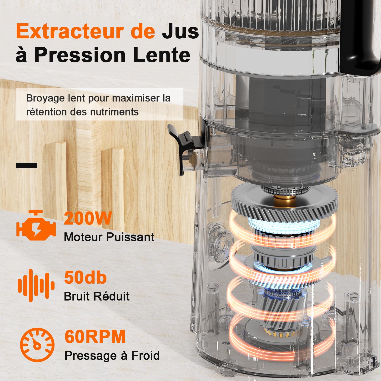 AHJ Extracteur de Jus Lent 135mm, Slow Juicer Presse-agrumes à Froid pour Fruits et Légumes Entiers, Sans BPA