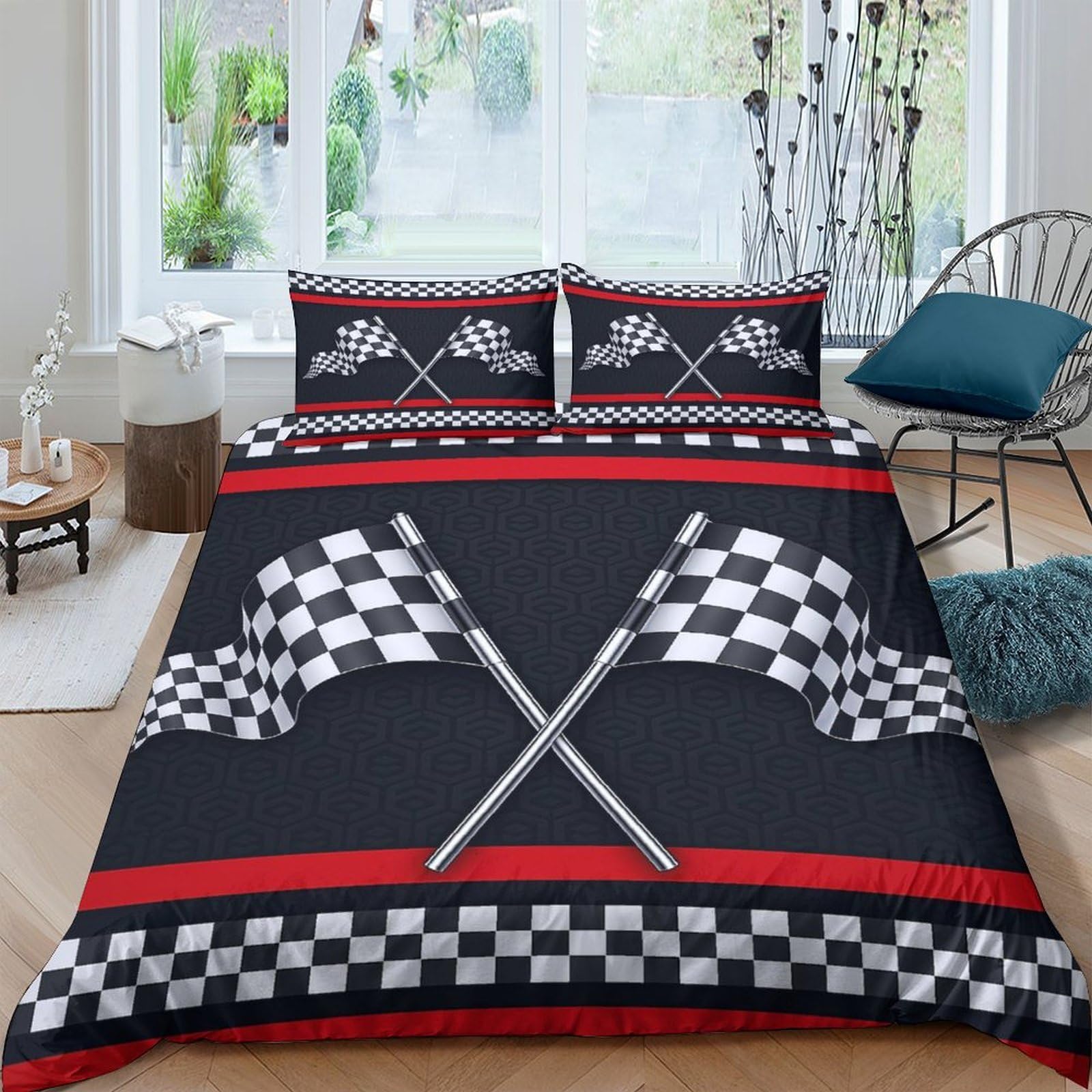 Ctjqhvkz Style-5 3D Printed Racing Flag Fitted Sheet Microfiber Black Red Checkered Mattress Cover For Bedroom Dorm Decor Easy Care Single（135X200cm）