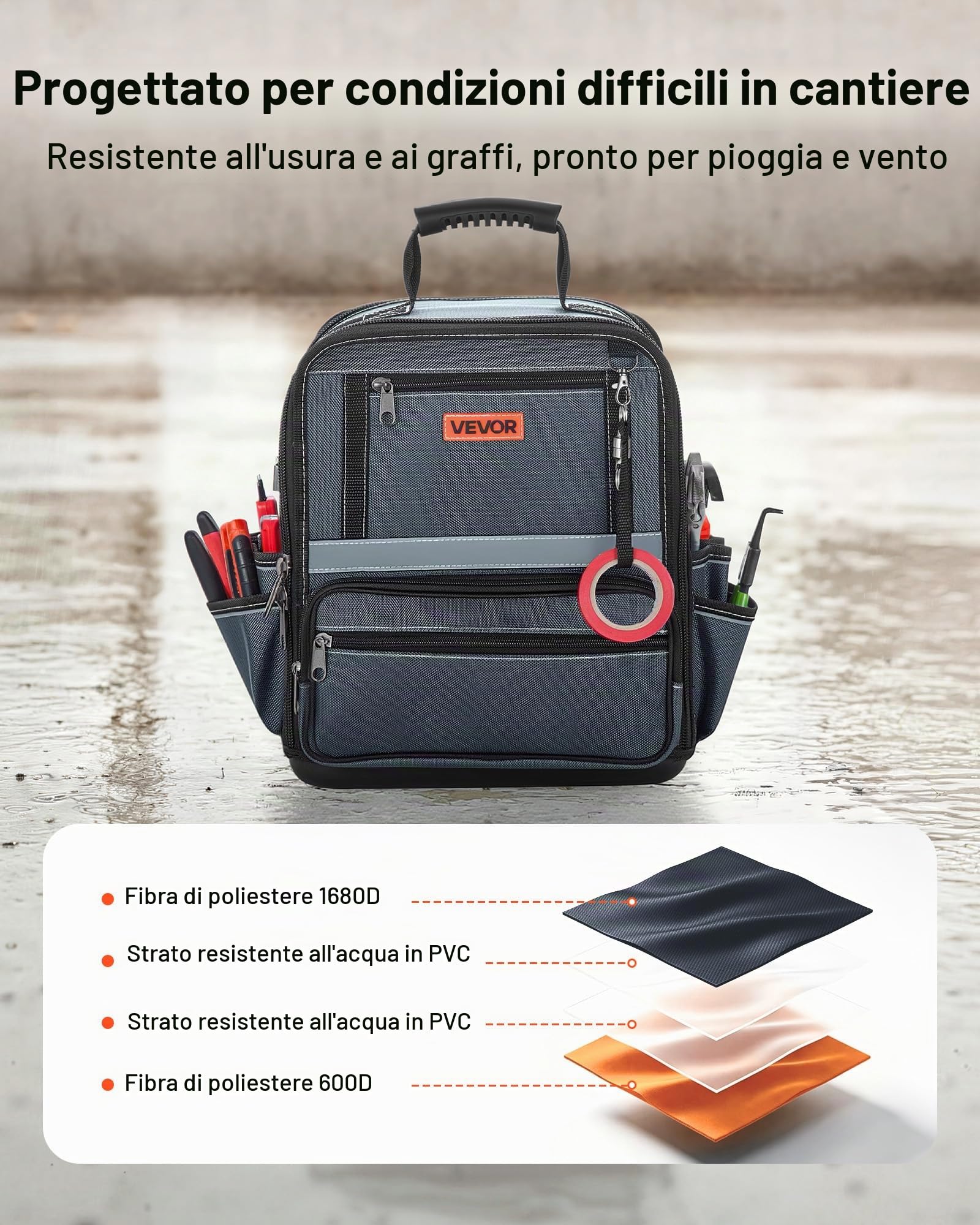 VEVOR Borsa Portautensili 335mm, 34 Tasche, Organizer Portatile per Attrezzi con Base Rigida in Plastica, Ampia Apertura a Cerniera, Tracolla Regolabile, Resistente all'Acqua, per Fai da Te e Cantiere