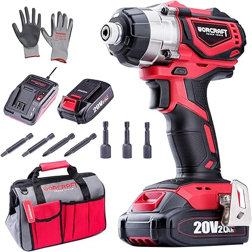 WORCRAFT Controlador de impacto inalámbrico de 20 V, motor sin escobillas, hexagonal de 14 pulgadas, velocidad variable, ajustes de par 20+1+1,