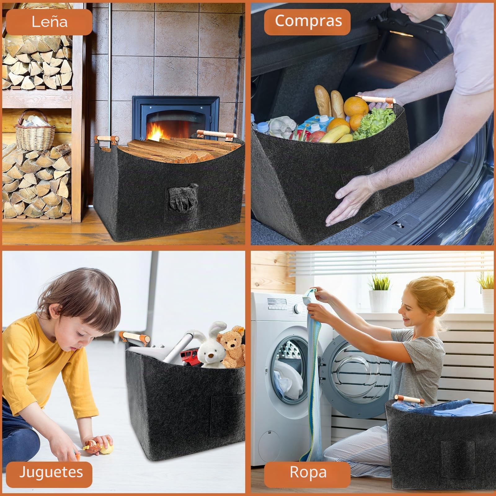 Cesta de madera para leña grande, de fieltro, XXL (96 L, 60 x 40 x 40 cm), plegable, fieltro extragrueso con mango de madera y guantes, para compras y leña, color gris oscuro (96 L)