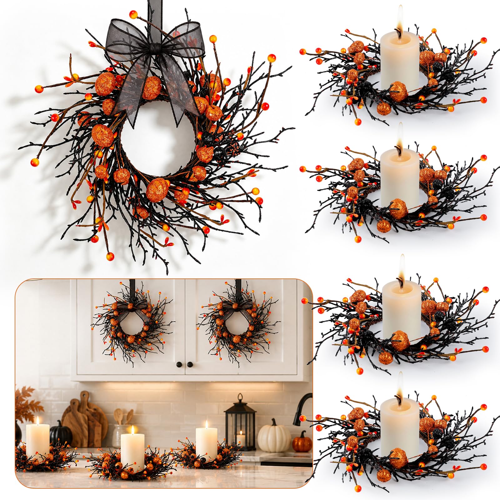 6 PCS Halloween Candle Rings Wreaths Black Orange Candle Rings Pumpkin Berries Mini Wreath 3.5 Inch Center for Pillar Candle Halloween Fall Thanksgiving Party Home Table Indoor Decorations