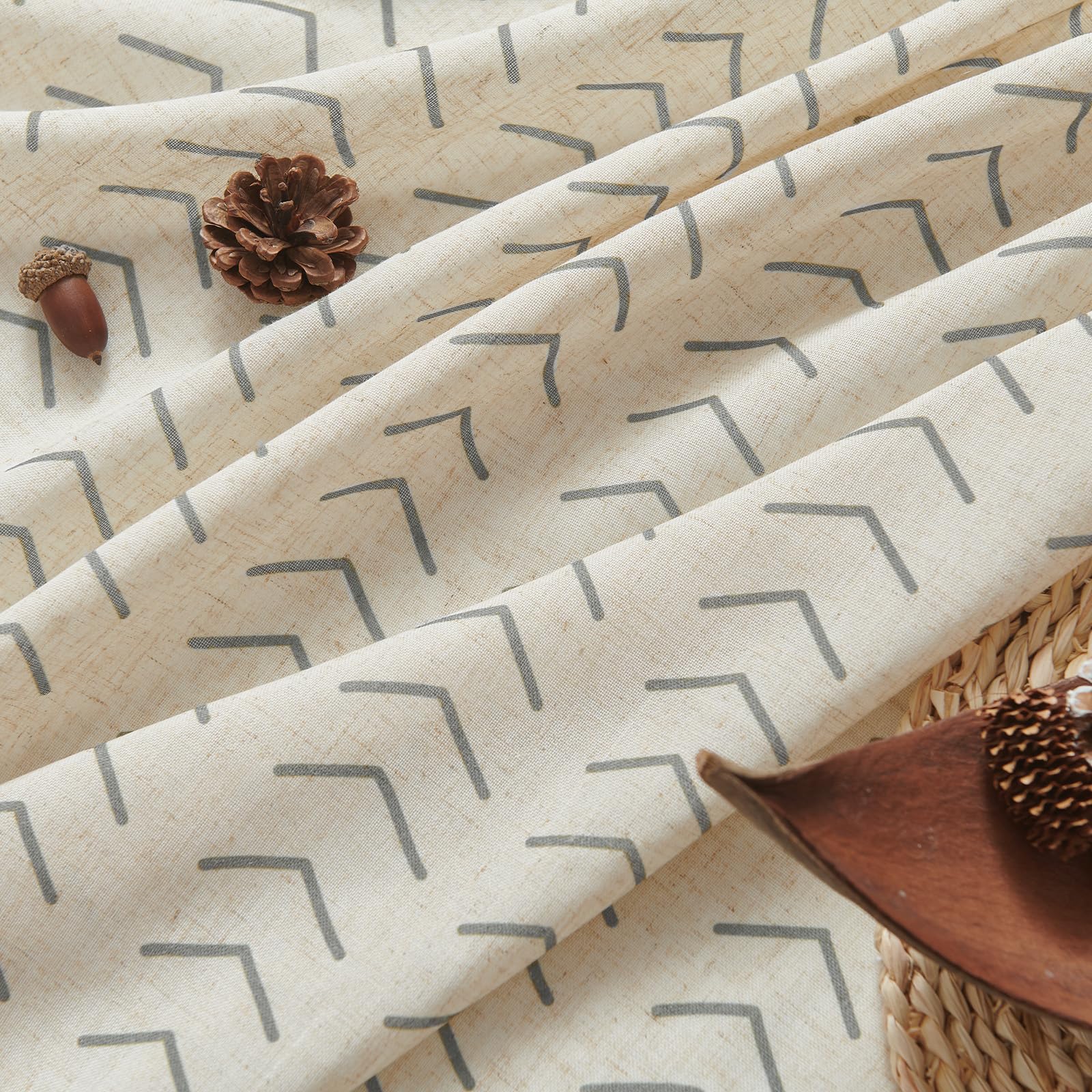 jinchan Printed Linen Curtains, 84 Inch Length 2 Panels Boho Curtains for Living Room, Grey Flax Linen Farmhouse Herringbone Curtains, Rod Pocket Back Tab Light Filtering Window Curtain Set