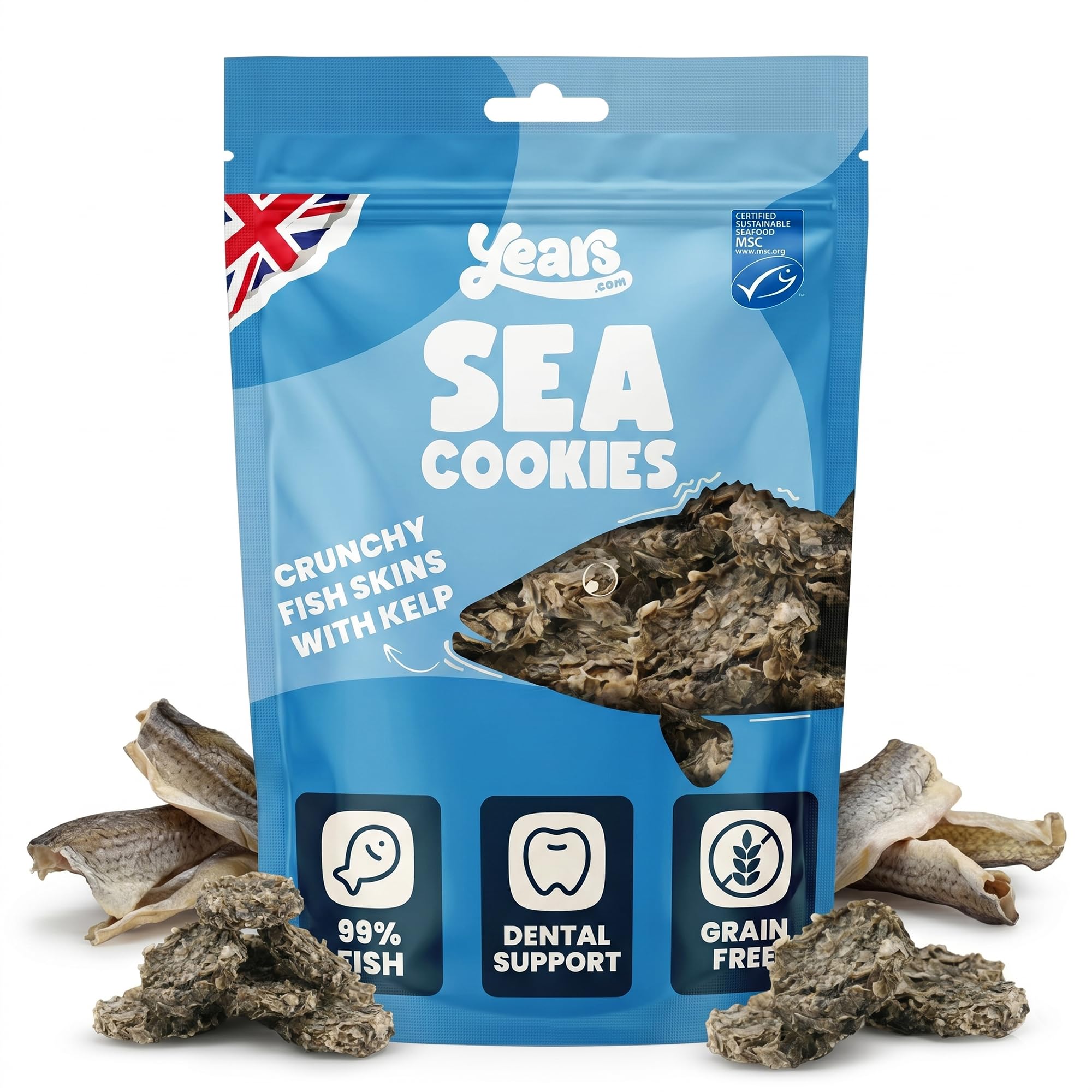 YEARS Sea Cookies Fish Skin Dog Treats | 100g | Crunchy Air Dried Natural Fish Skins with Kelp Rich in Omega-3 & Grain Free