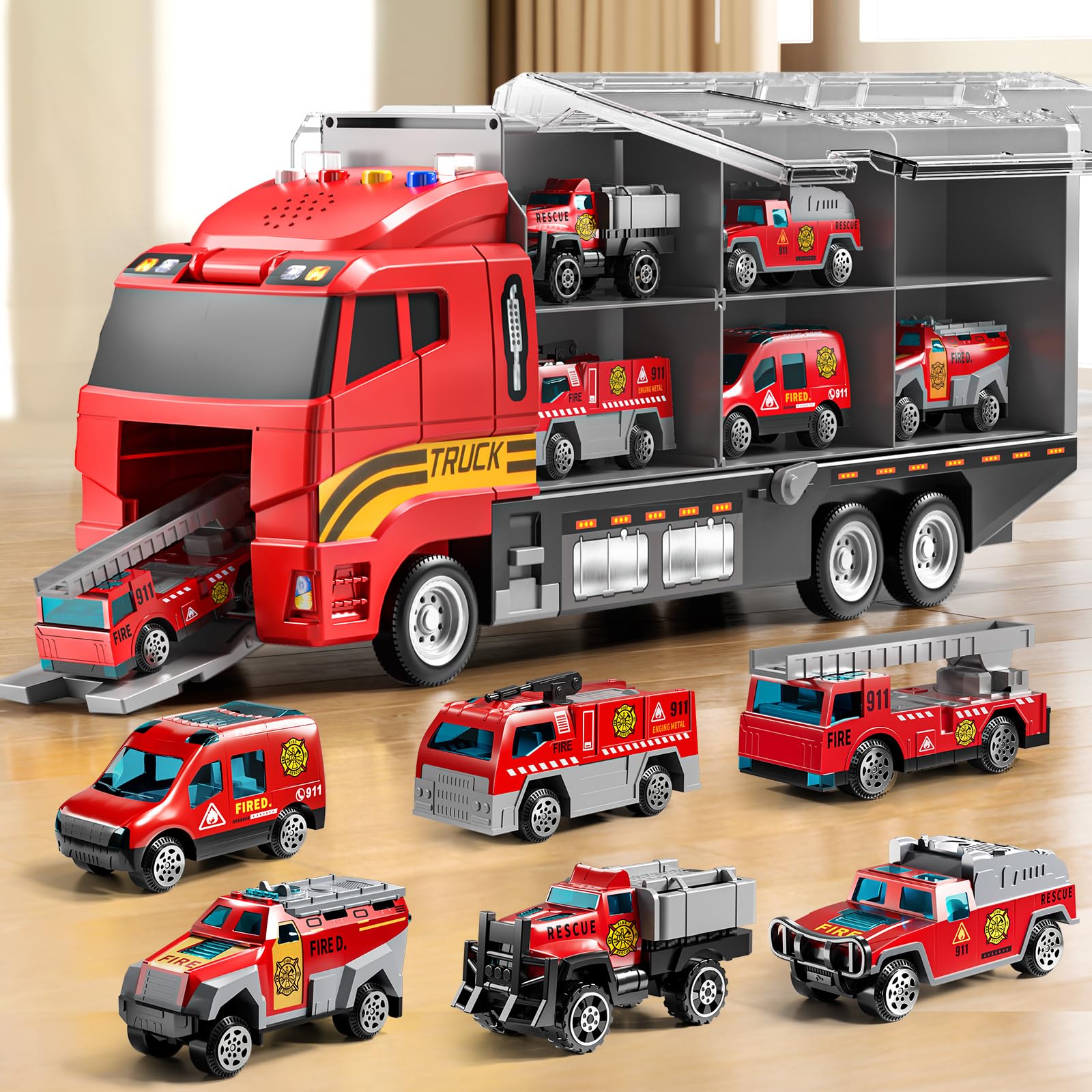 Toddler Boys Toys for 3-5 Years Old, Fire Truck Vehicle Set with Play Mat and Die-Cast Toy Car, Transport Carrier Truck for Kids 3-5, Birthday Gifts Toys for 3-8+ Year Old Boys
