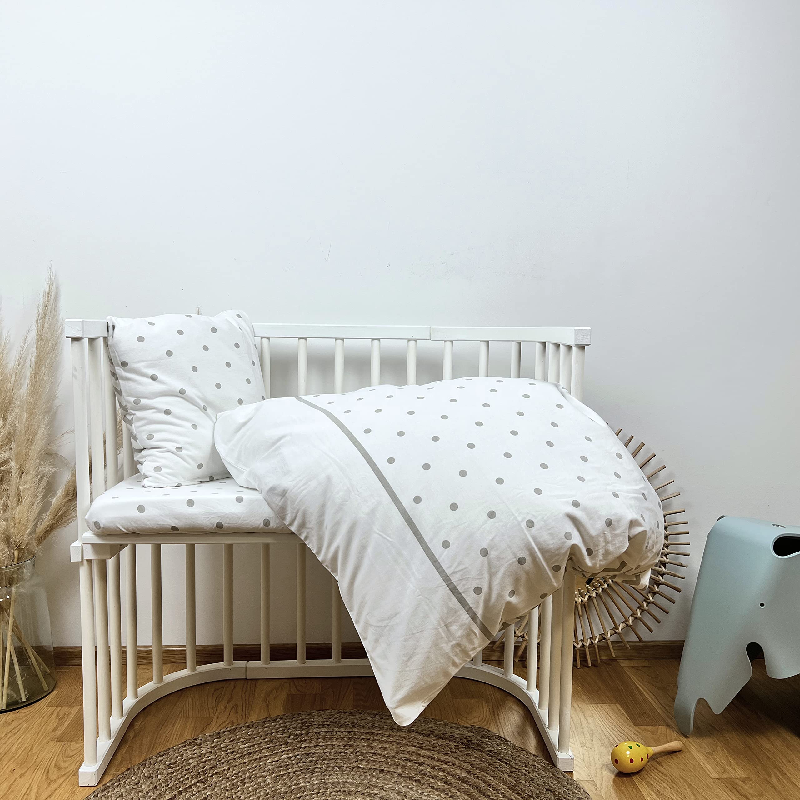 mimaDu copripiumino lettino neonato copripiumino lettino con sbarre copripiumino culla | set di biancheria da letto per bambini | 100% cotone Oeko Tex (80x80+35x45cm Grigio A Pois Zigzag)