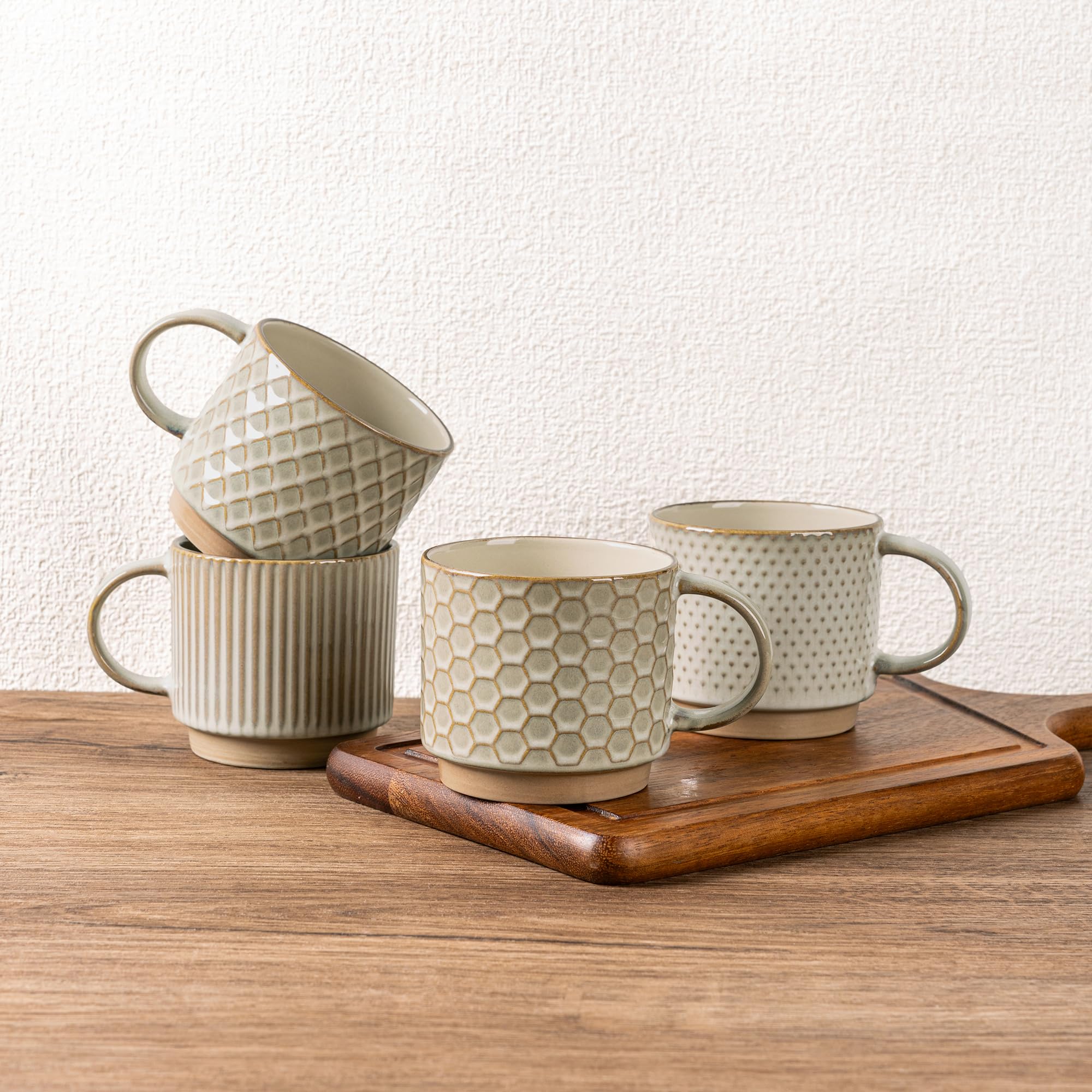 GBhome Set of 4 Stackable Ceramic Coffee Mugs 350ml - Textured Modern Cups for Tea/Latte/Cappuccino, Dishwasher & Microwave Safe, Gift for Men/Women — image 1