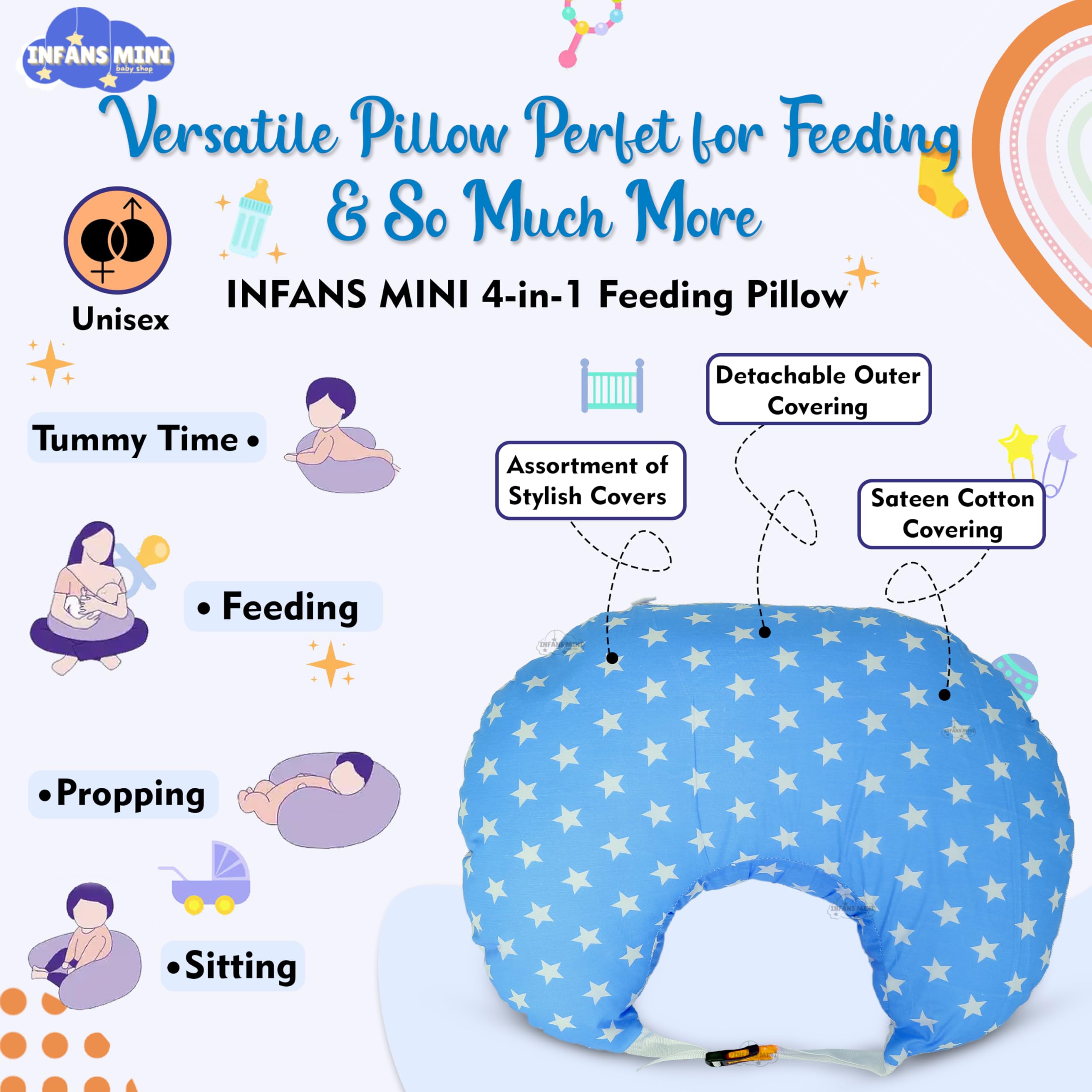 Infans Mini Baby Feeding Pillow Cotton|Maternity Feeding Pillow Portable & Adjustable|Nursing Pillow for Mother and New Born Baby (Star Blue) 1
