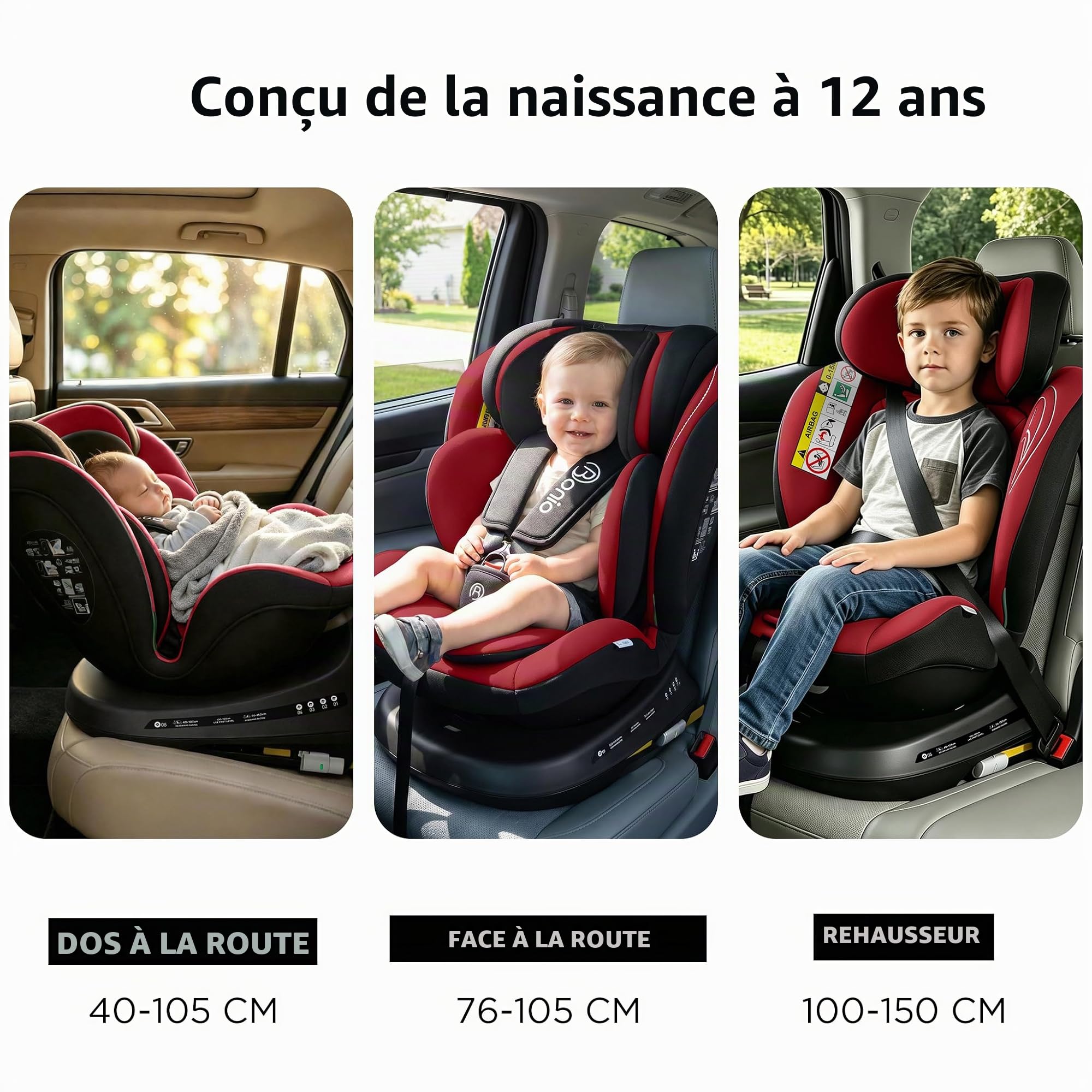 Bonio Siège auto I-SIZE 40-150 cm, pivotant à 360°, avec fixation Isofix, 0-36 KG (Rouge)