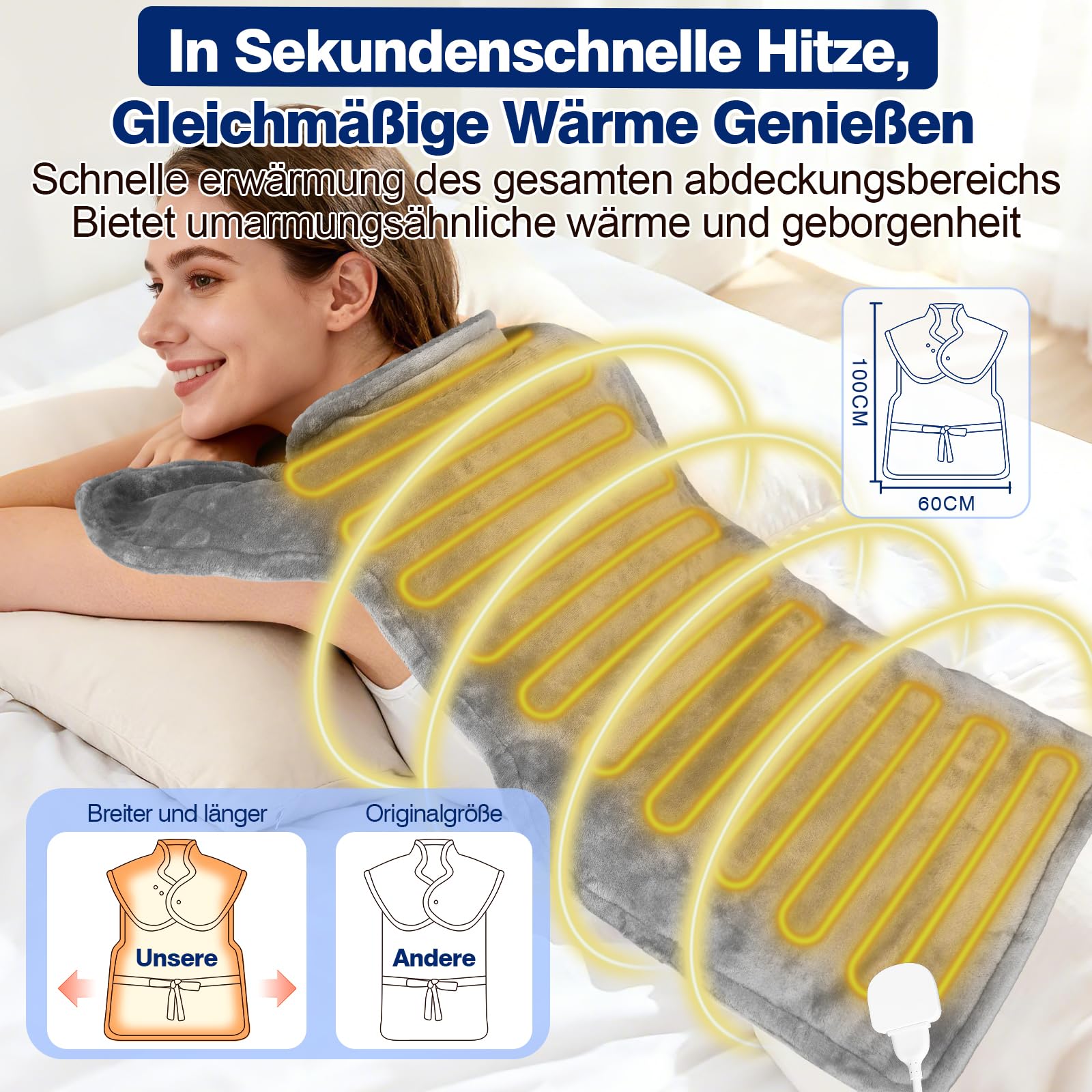Heizkissen für Rücken Schulter Nacken 60 x 100cm, Heizdecke 9 Heizstufen mit 4 Zeitschaltuhren Wärmekissen mit Taillenriemen, Schnelle Erwärmung, Rückenwärmer Abschaltautomatik, Flanell