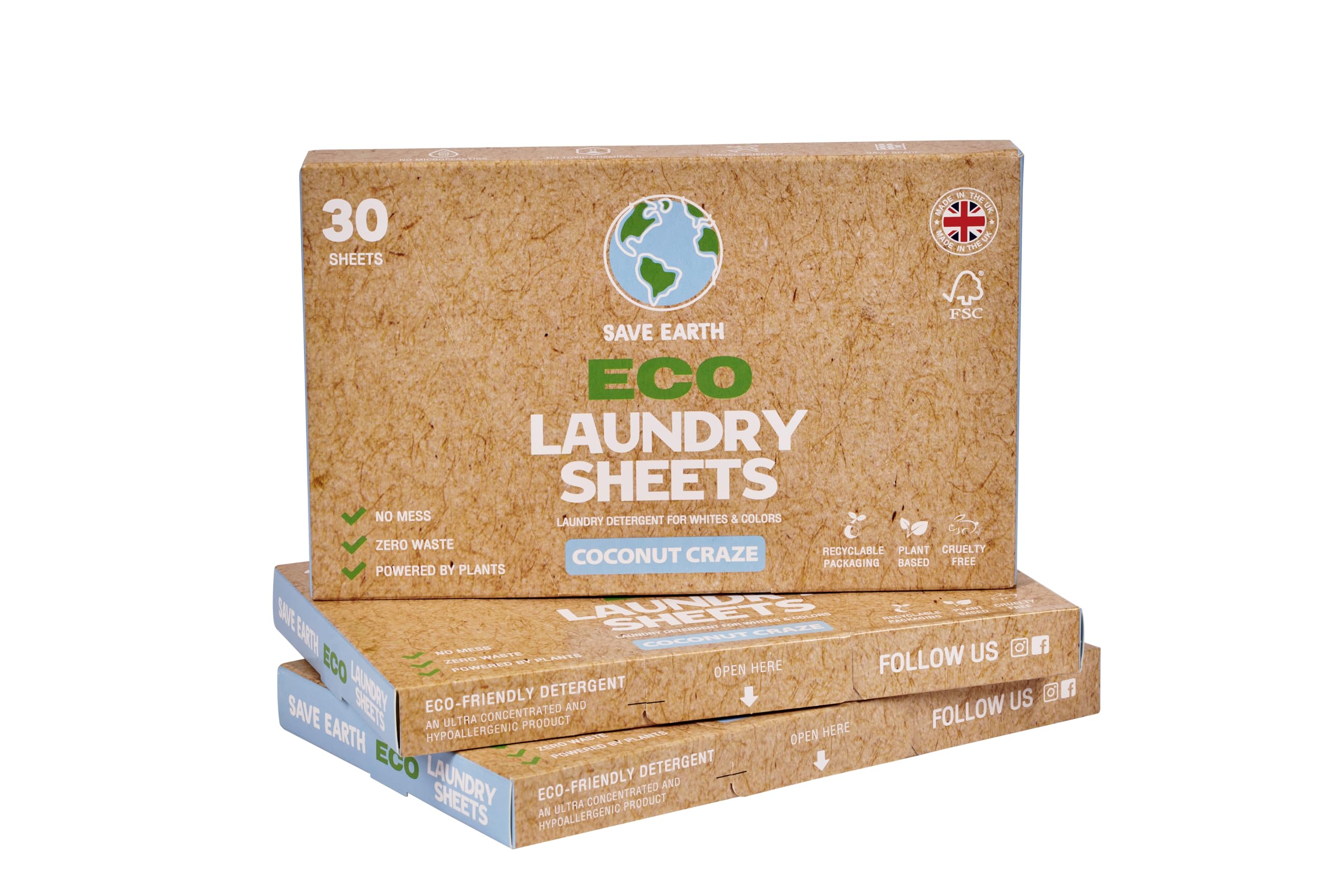 Save Earth UK Laundry Detergent Sheets - Coconut - Eco-Friendly, Biodegradable Ingredients & No Harsh Chemicals – 3 Pack (90 Loads)