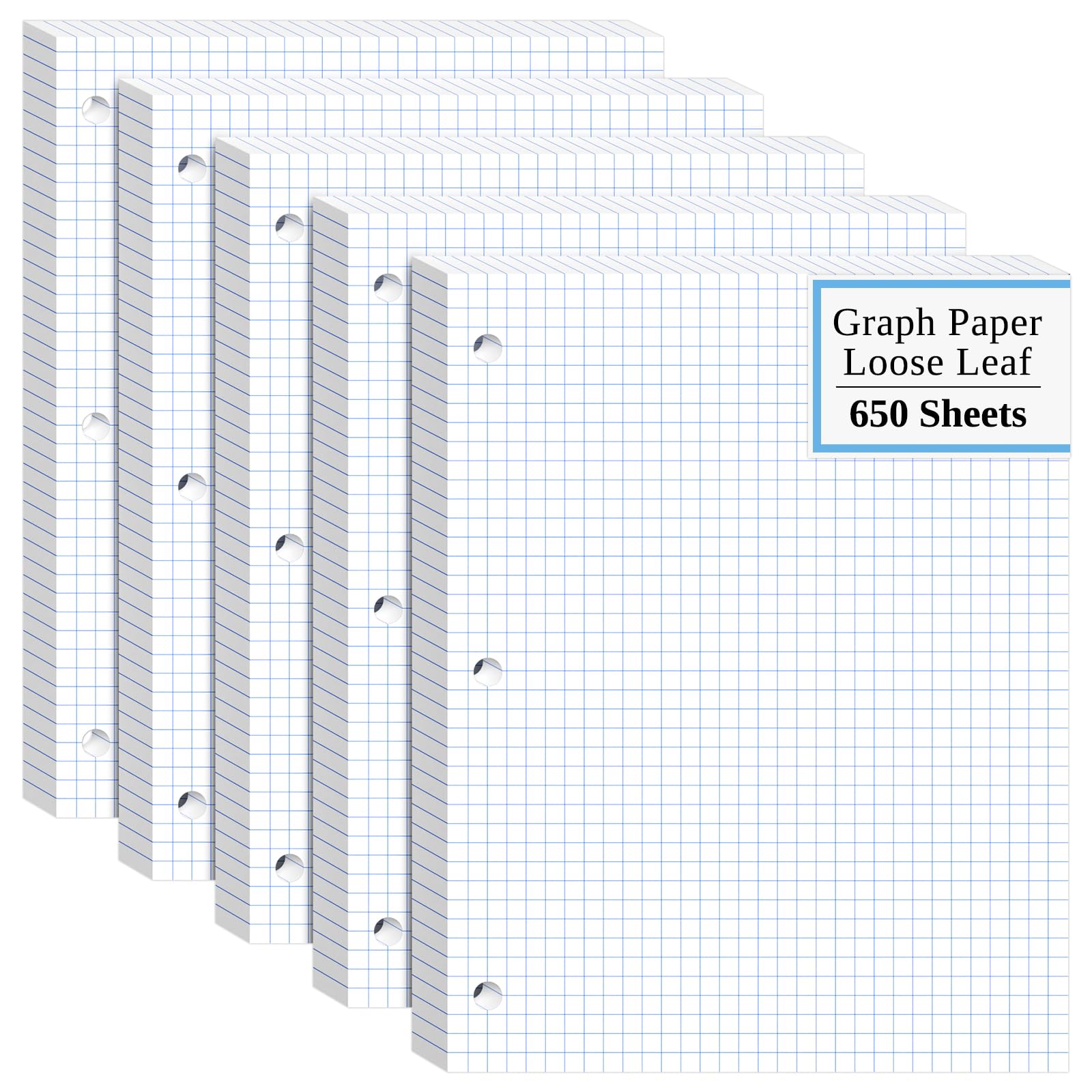 Lot de 650 feuilles de papier quadrillé à 3 trous 10,2 x 10,5 cm