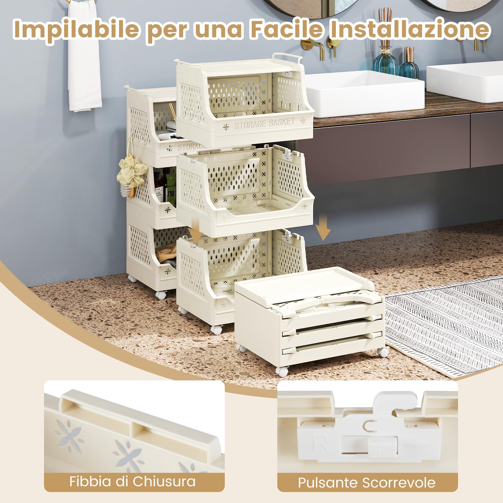 COSTWAY Carrello Portaoggetti Impilabile a 4 Piani con Ruote, Organizzatore in Plastica con Maniglie e Ganci, per Lavanderia, Bagno e Soggiorno (4 Livelli)