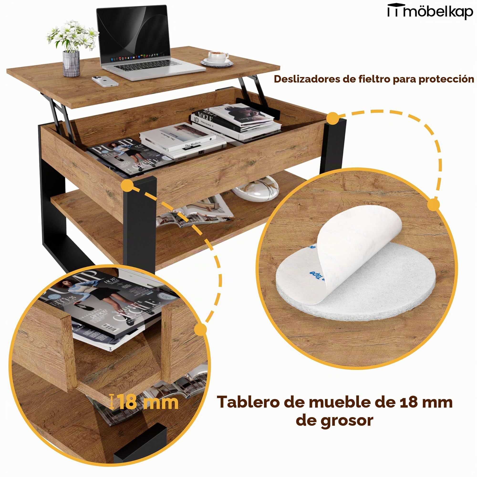 Mesa de Centro elevable | Mesa de salón Regulable con Almacenamiento | Roble Lancelot Negro con Estante y Compartimento Oculto