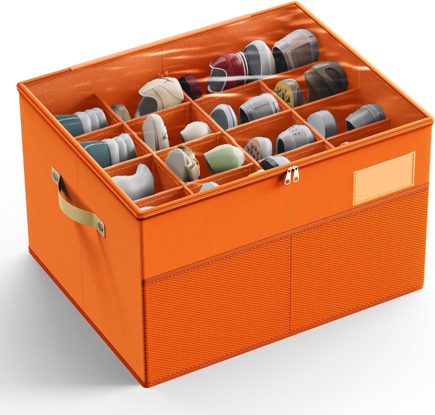 Large Orange Shoe Organizer Box with Clear Cover and Adjustable Dividers