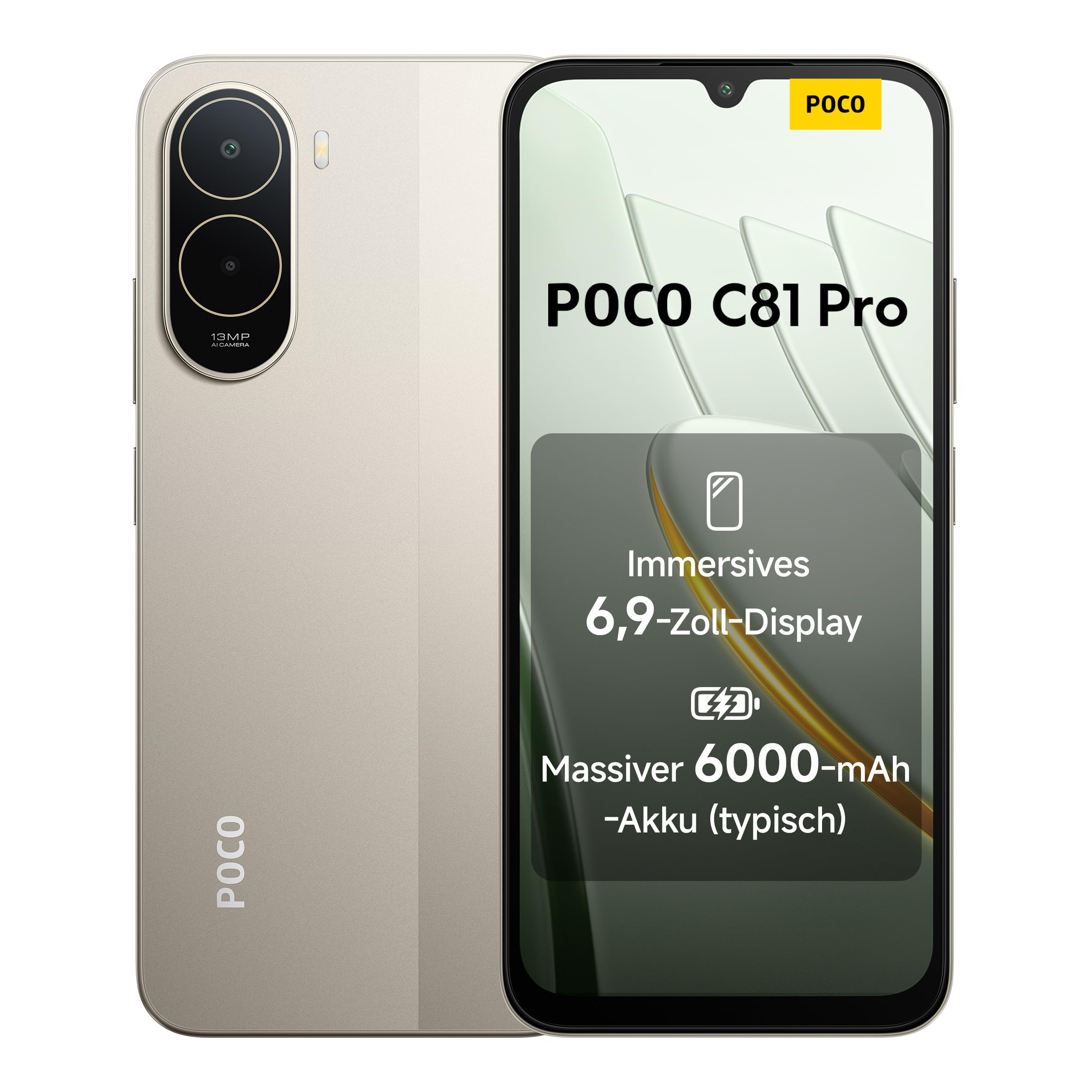 Poco C81 Pro Smartphone, 4 GB + 128 GB, Handy, 6000 mAh Akku, 120 Hz Bildschirm, 6,9 Zoll Display, 13 MP AI-Doppelkamera, Gold, zusätzliche 1 Jahr Garantie
