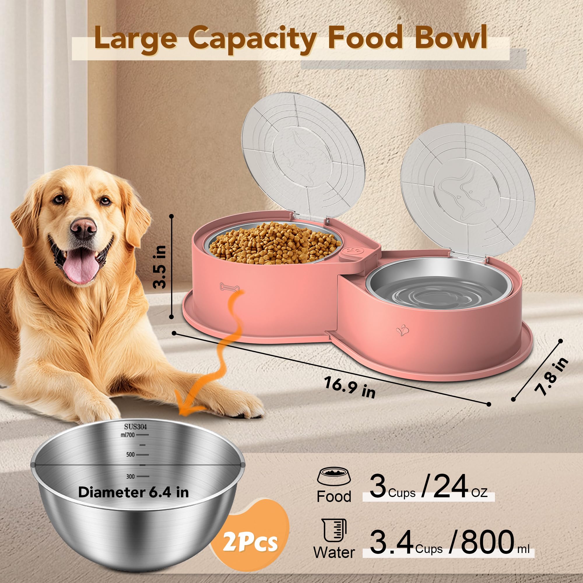 Cuenco doble de acero inoxidable para mascotas con tapa