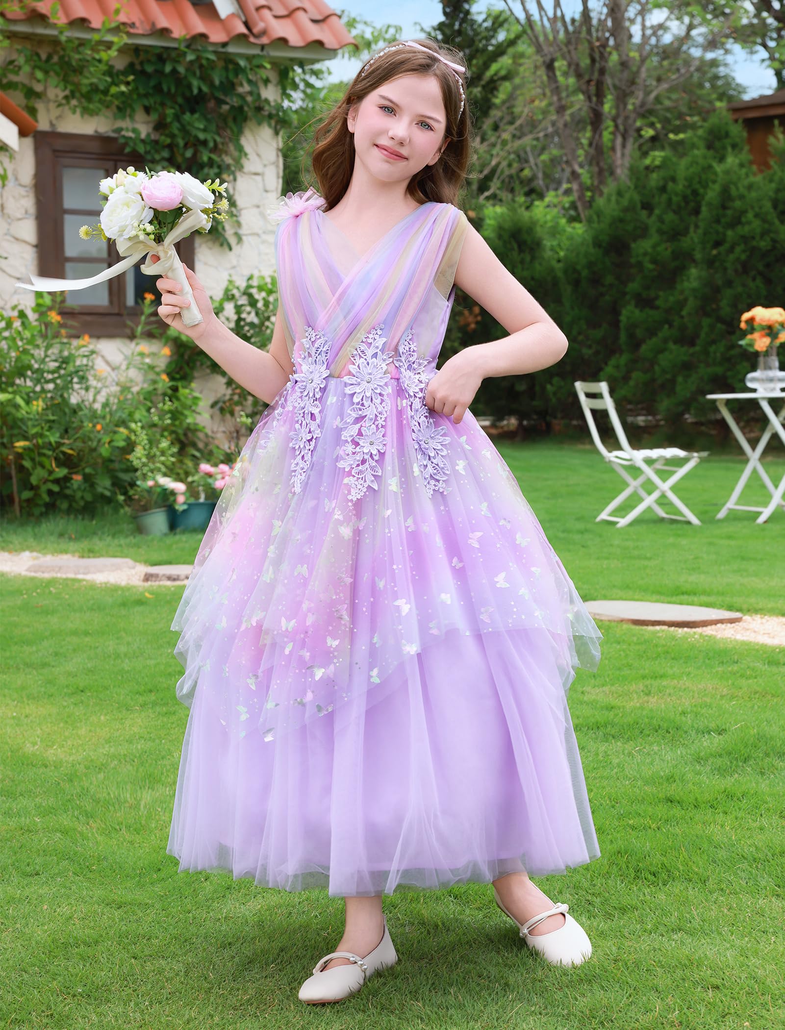 Vestido de niña de boda princesa vestido de tul vestido de fiesta de flores | Falda de tul multicapa con adorno floral y silueta elegante para bodas, cumpleaños y ocasiones especiales