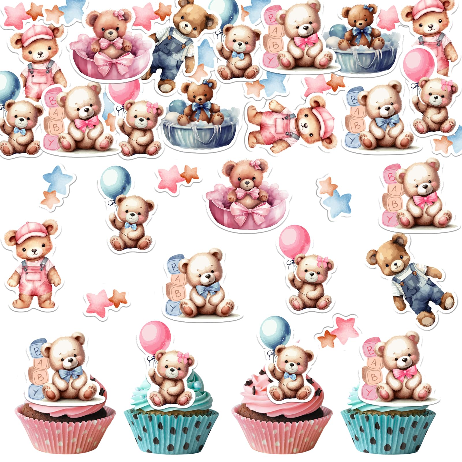 Fyeoxle 33PCS Edible Bear Baby Shower Cupcake Toppers Wafer Paper Baby Bear Baby Shower Cake Topper Bear Balloon Cupcake Decorations for Bear Theme
